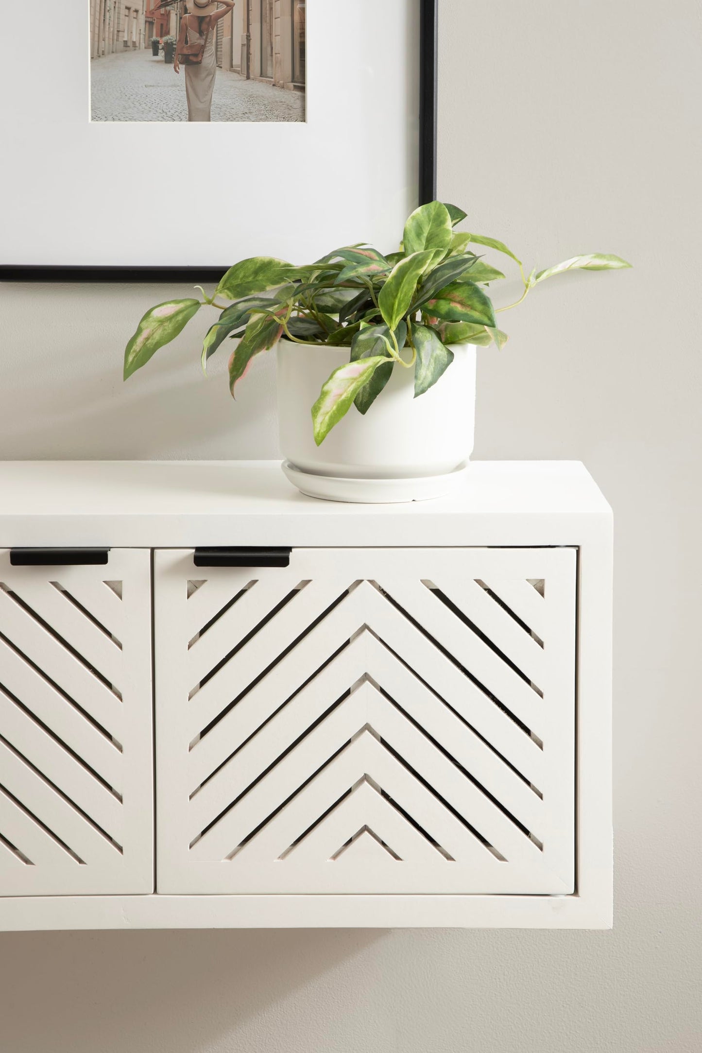 Kate and Laurel Mezzeta Decorative Two-Door Wall Cabinet, 30 x 10 x 14, White, Decorative Modern Storage Cabinet for Use as Floating Nightstand or Floating TV Shelf