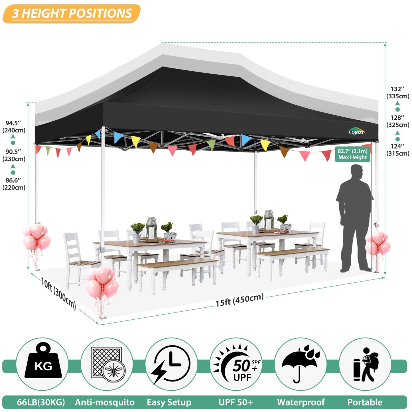 COBIZI 10x15 Canopy Tent with 4 Sidewalls,Heavy Duty Pop up Canopy with Mosquito Netting,Easy up Screen Tent for Parties Wedding Patio with Handbag,Black