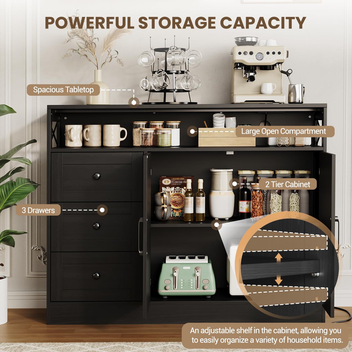 Farmhouse Buffet Cabinet with 3 Drawers & Open Shelf, Sideboard with Storage, 47" Kitchen Pantry Cabinet Hutch, Coffee Bar Station with Built-In Power Outlet for Kitchen, Dining Room- Black