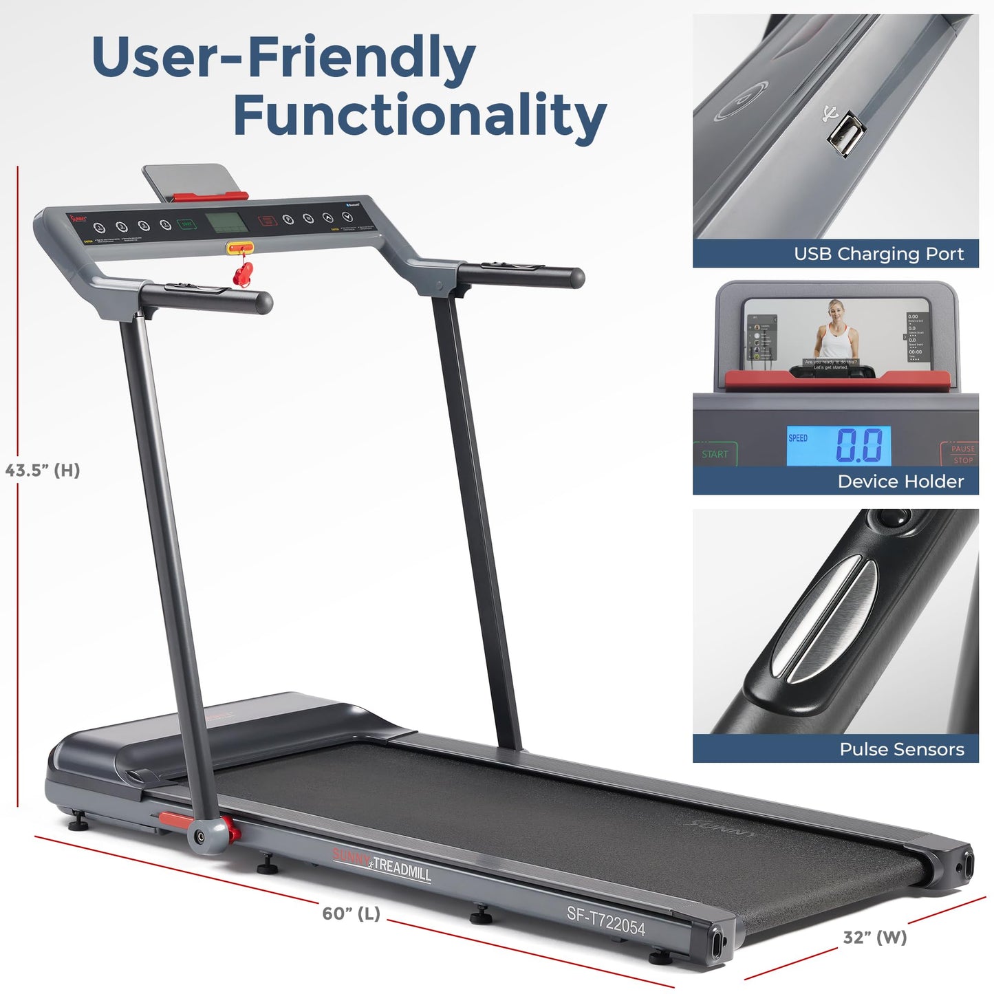 Sunny Health & Fitness Foldable Treadmill with Auto Incline and Shock Absorption, Smart Bluetooth for Home Walking Running, Digital Monitor Pulse Sensors, Compact Space Saving with SunnyFit App