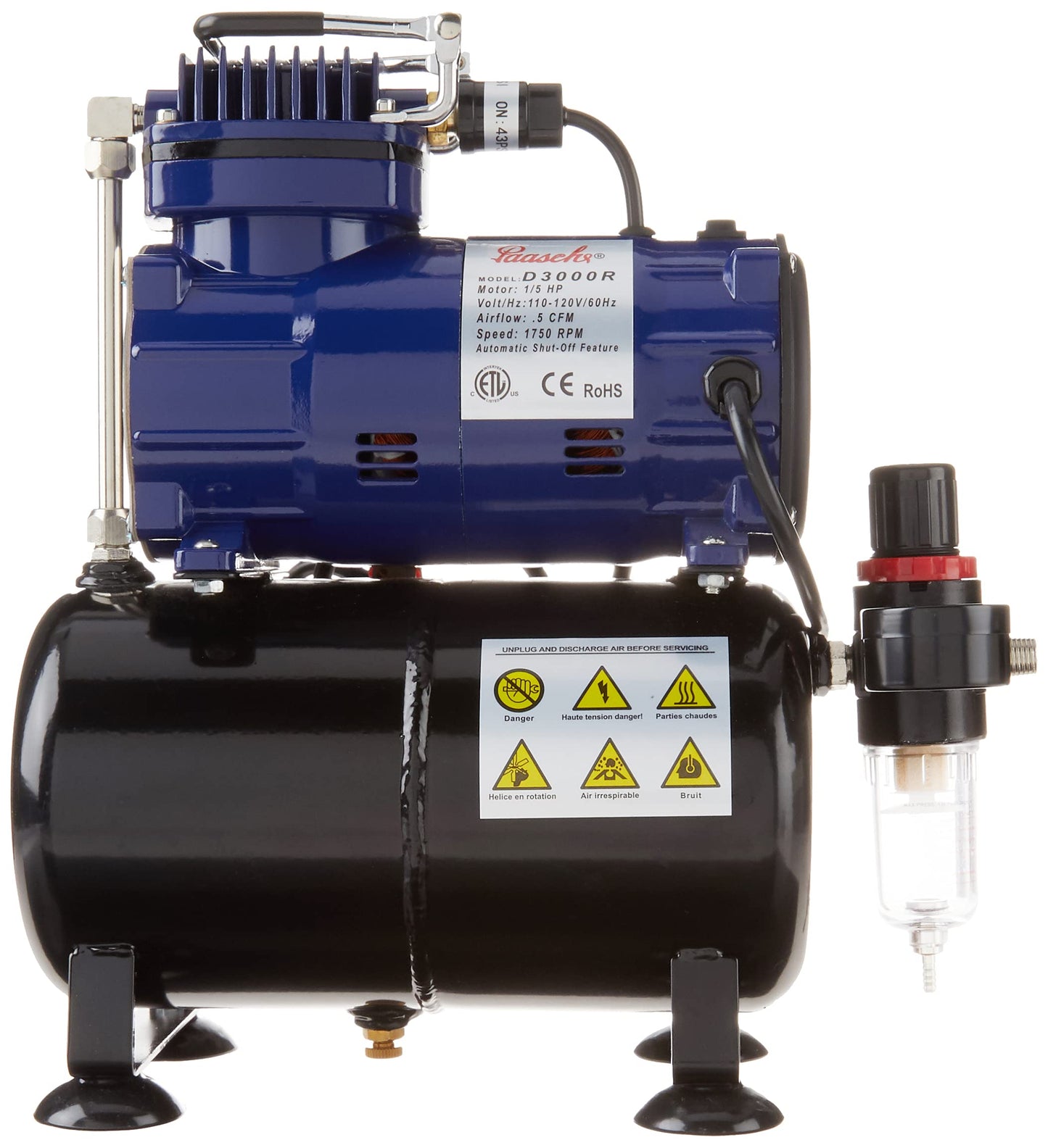 Paasche D3000R 1/5 HP Compressor with Tank, Regulator and Moisture Trap, Blue & Black