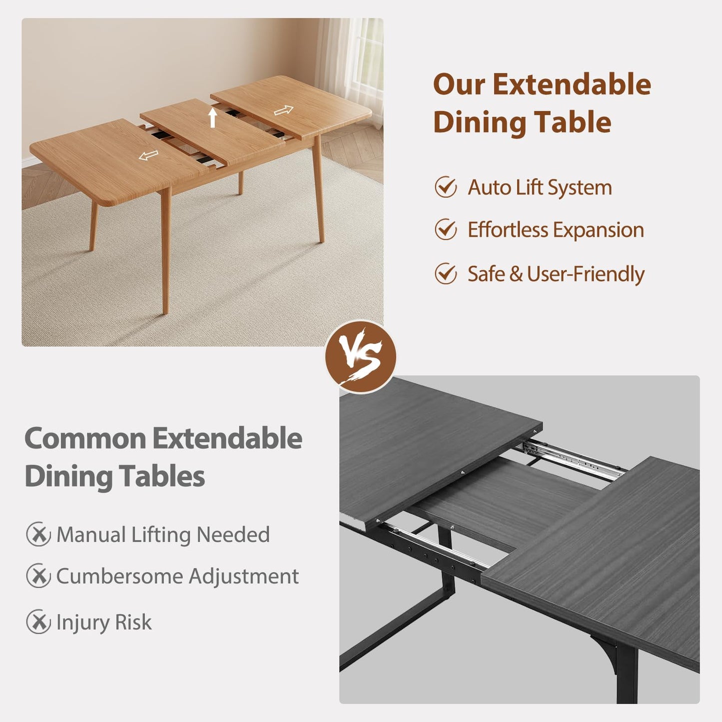 Muwuele Solid Wood Extendable Dining Table for 4-8 People with Seamless Extension from 47.2 to 63 Inches, Easy Assembly, Expandable Tables for Small Spaces, Dining Room, Kitchen, Living Room, Natural