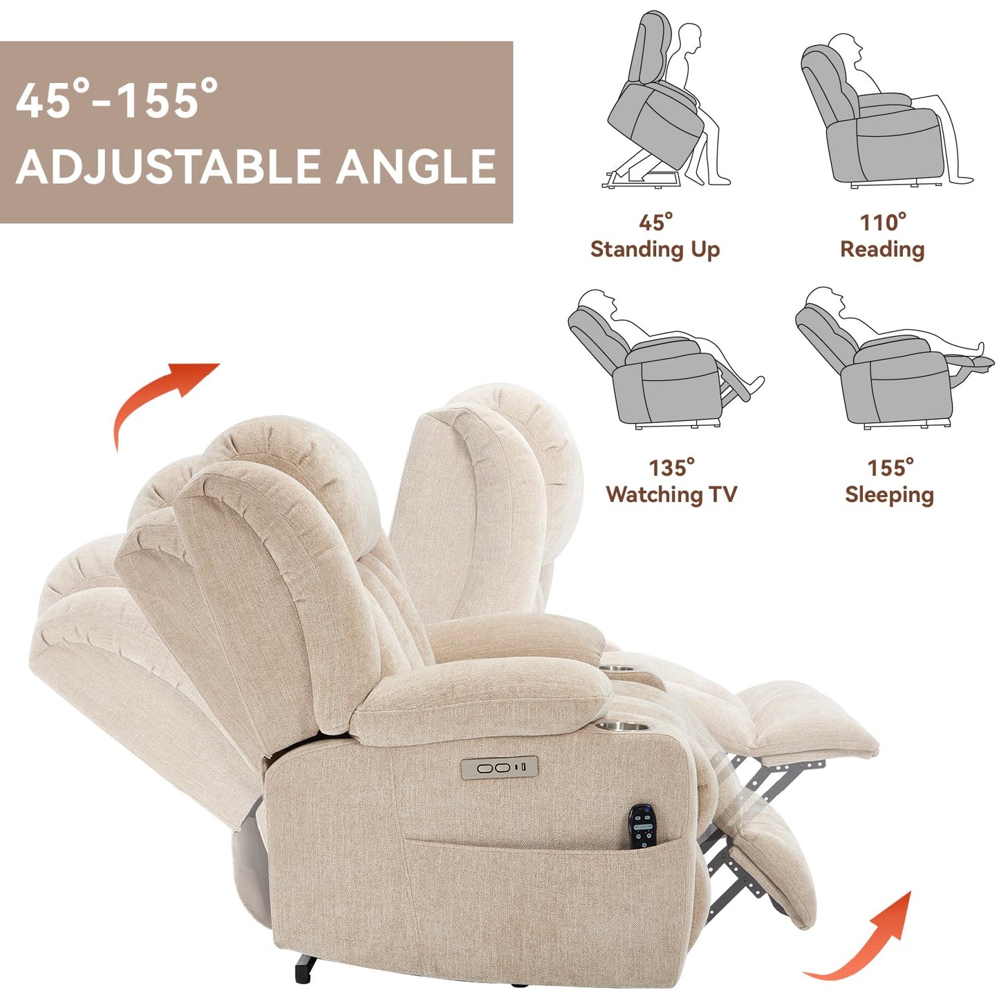 KEIKI Recliner Chair with Vibration Massage and Heating, Home Theater Seating with USB and Type-C Ports, Cup Holders for Living Room, Beige
