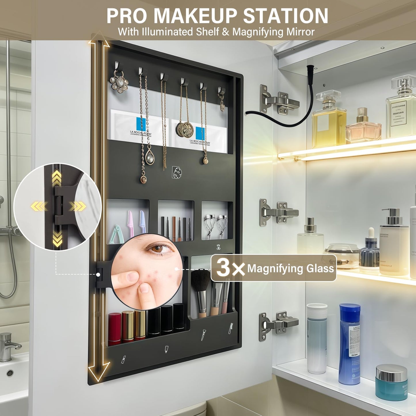 KAASUNES LED Medicine Cabinet with Light,Mirror Cabinet with Cosmetics Storage Rack,3X Magnifier Makeup Mirror,Lighting Glass Shelf,3 Colors&Dimmer,22×30inch,White