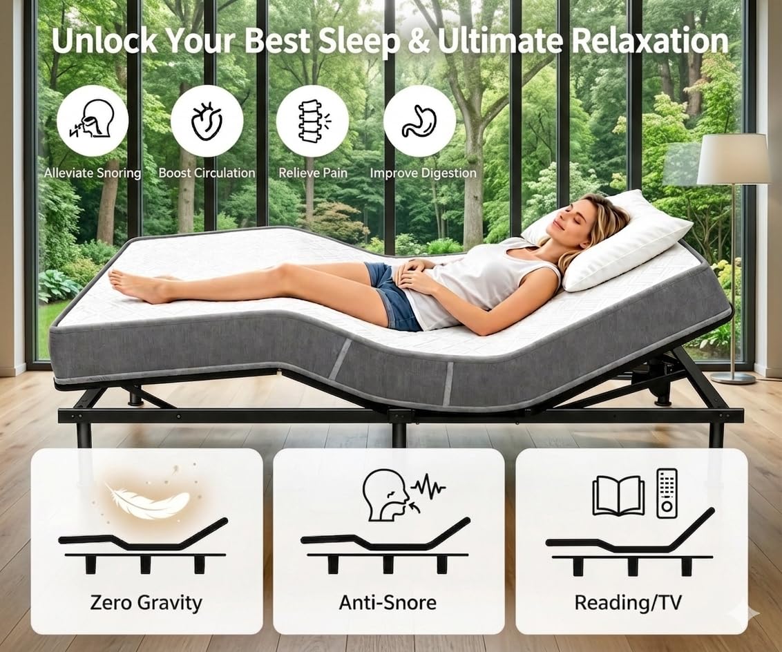 Espsilto Full Size Adjustable Bed Base with Mattress, Electric Bed Frame with Remote, Ergonomic Base with Head & Foot Incline, Zero Gravity, Anti-Snore