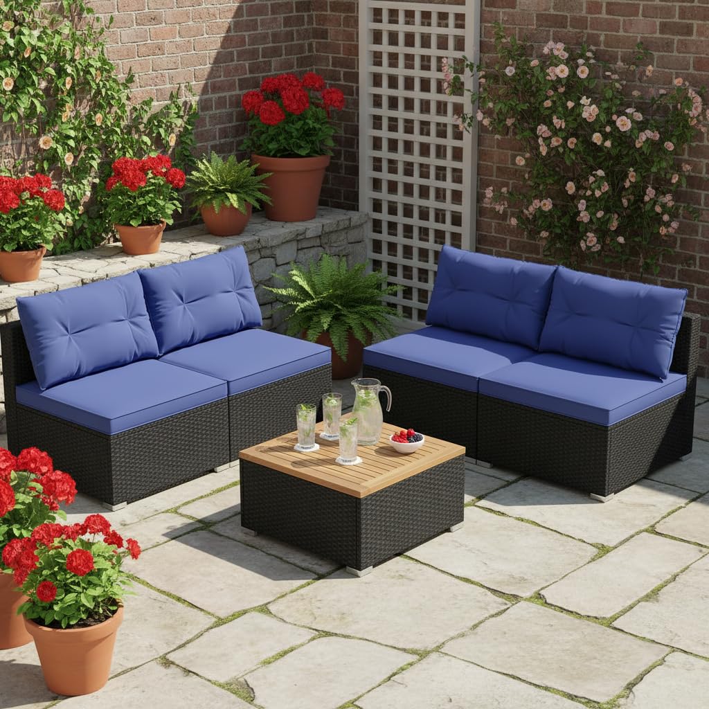 Tangkula 5 Pieces Wicker Patio Furniture Set, Outdoor 4 Armless Rattan Sofa & Coffee Table Set, with Cushions, Acacia Wood Tabletop, Sectional Patio Conversation Set for Lawn, Yard, Poolside, Navy