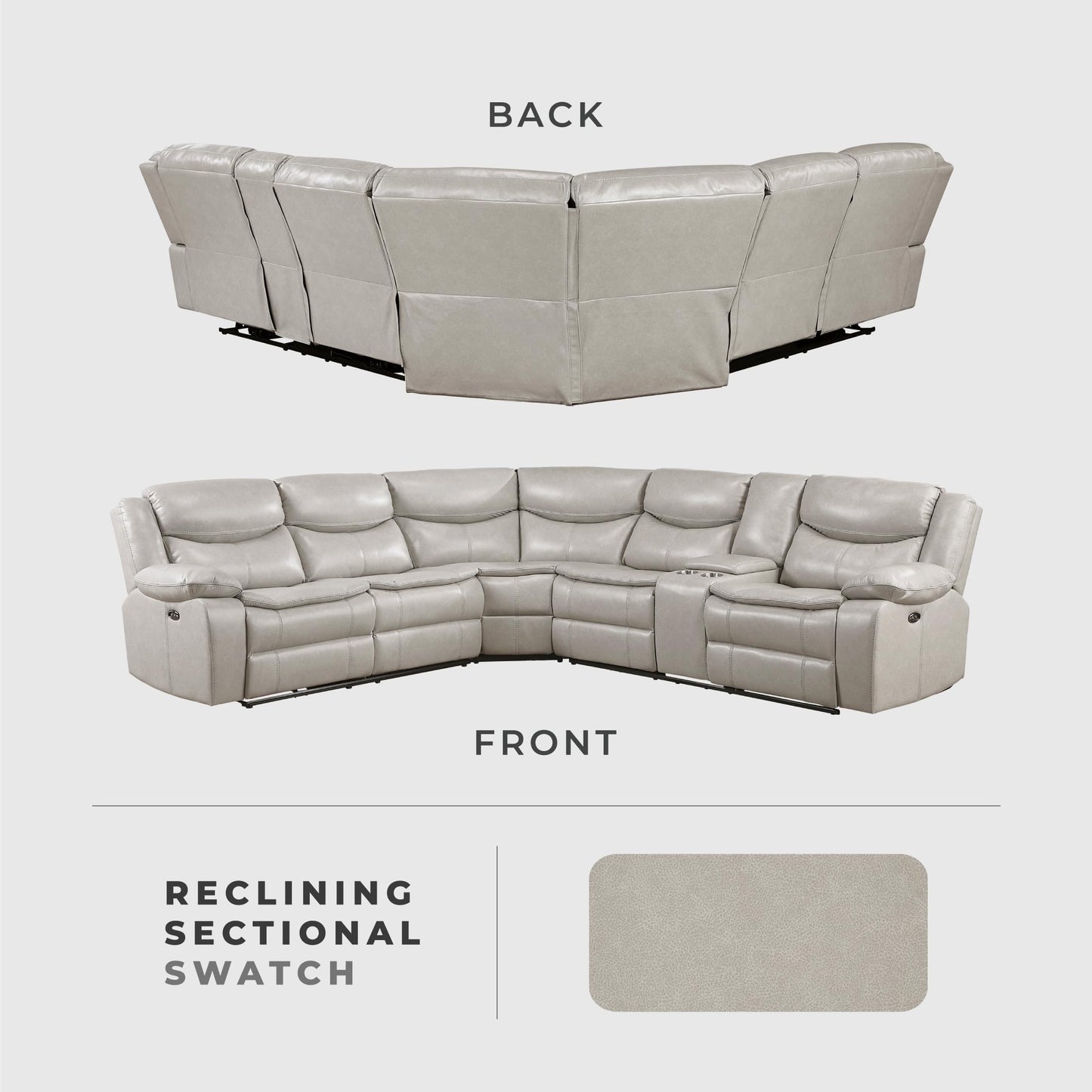 Lexicon L-Shaped Power Reclining Sectional Couch, Faux Leather Reclining Sectional Sofa, 3 Recliners, Wall Hugger, Right Storage Console, Cup Holders, Receptacles, Charging Ports, Silver Gray