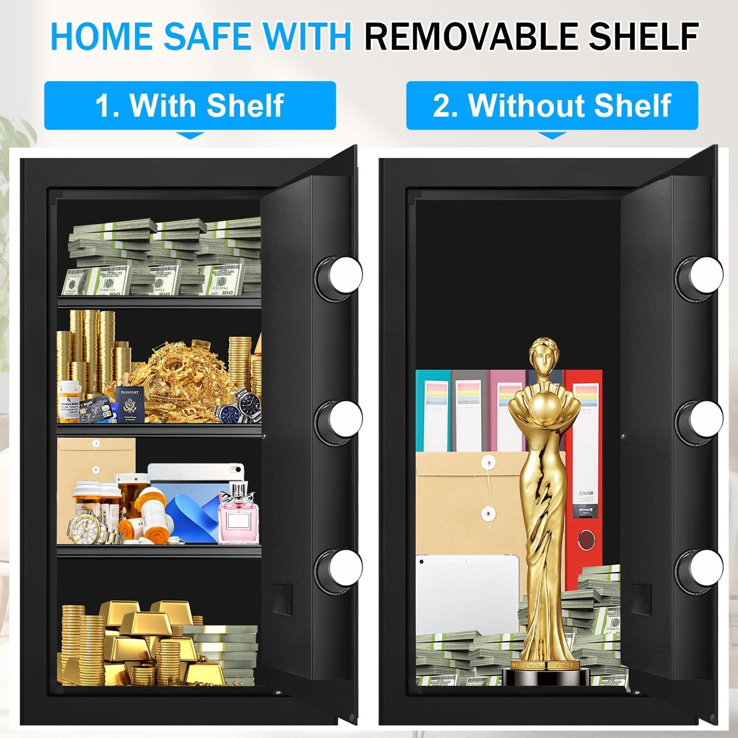 6.1 Cuft Extra Large Fire Safes for Home, Digital Fireproof Safe with Programmable Keypad, Spare Keys and 3 Removable Shelves, Anti-Theft Security Waterproof Document Safe Box for Money Valuables