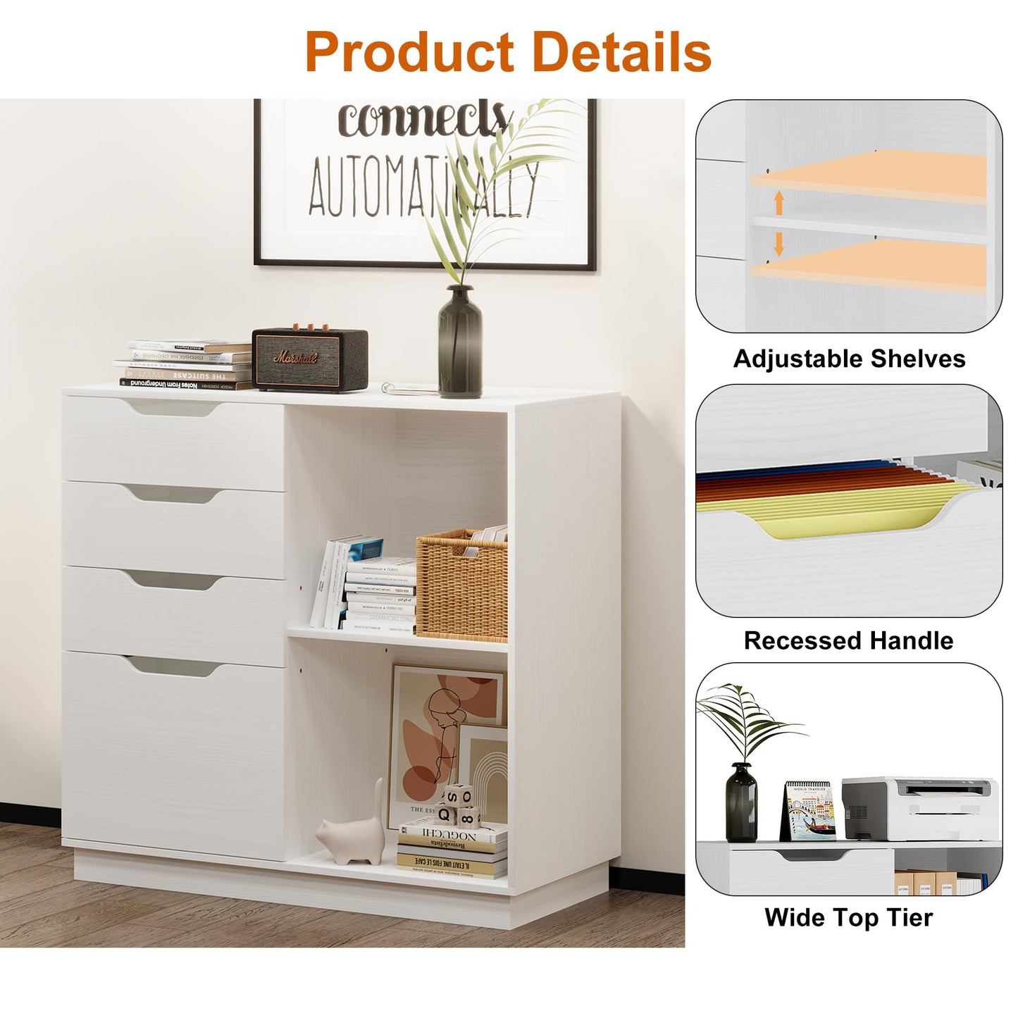 TQVAI 4 Drawer Filing Cabinet Organizer with 2 Open Shelves, Heavy Duty for Storing Letter A4 Size and Printer, Wood Lateral File Cabinets for Home Office, Hanging Files, White, Easy Assembly