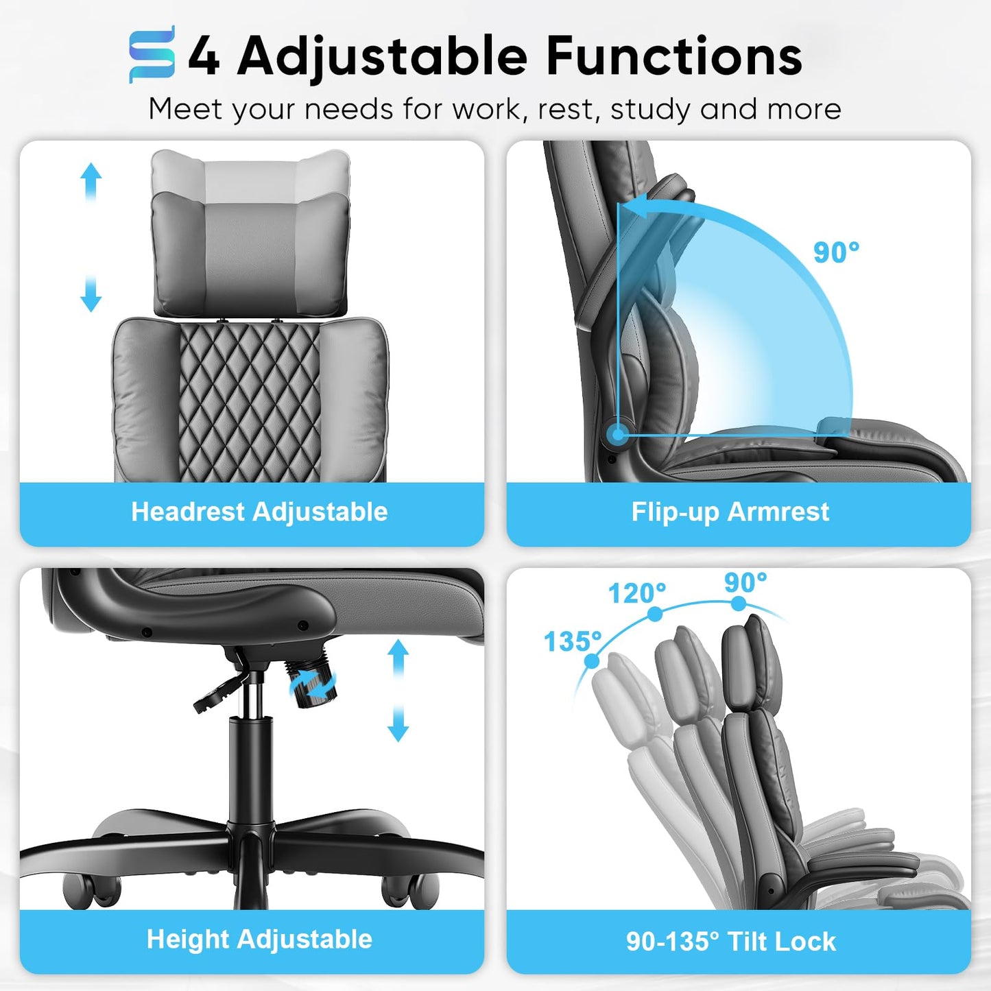 Sytas Ergonomic Office Chair with Adjustable Headrest, Executive Leather Desk Chair with Upgraded Lumbar Support for Lower Back Pain Relief, Thickened Backrest Computer Chair for Home Office, Gray