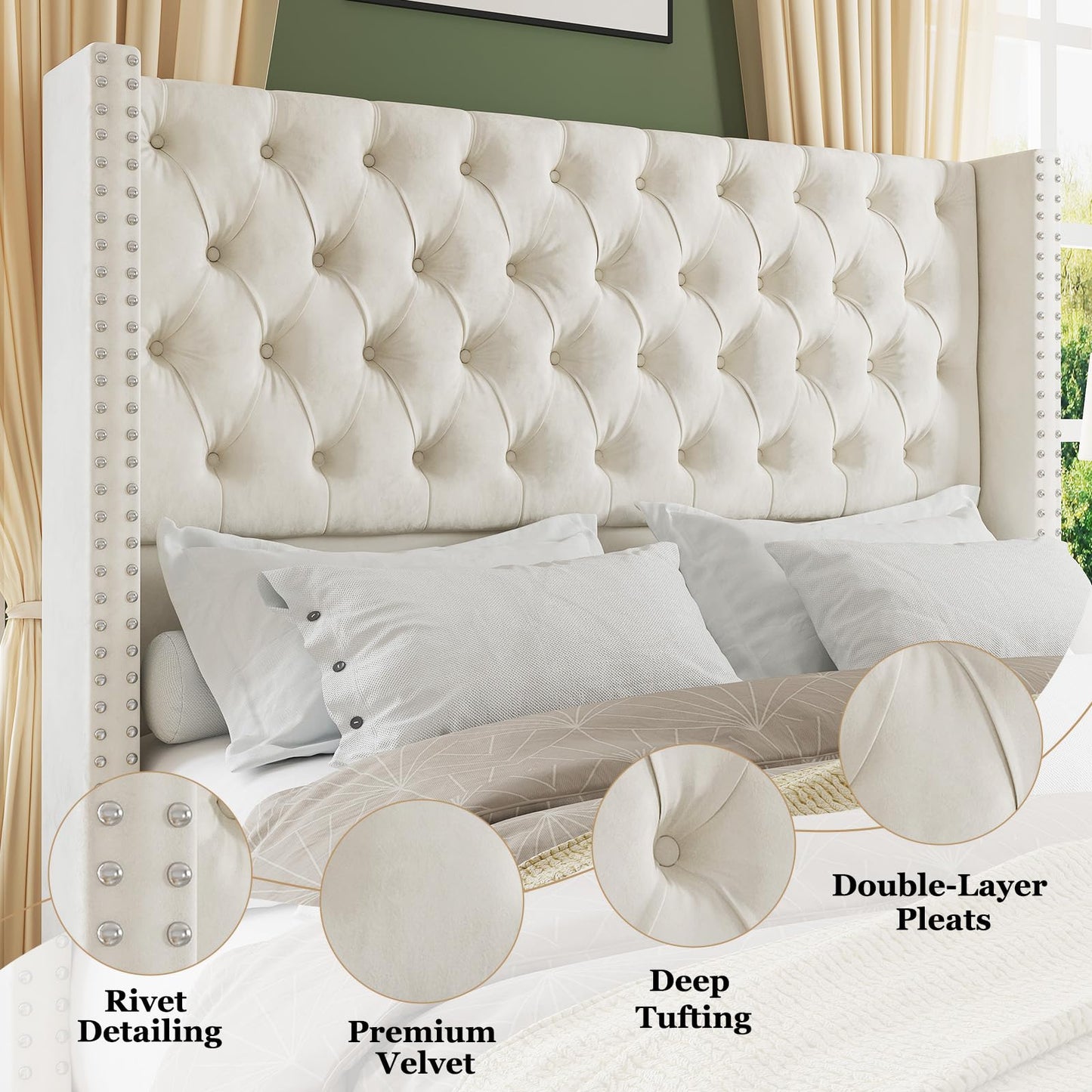 Jocisland King Upholstered Bed Frame with Tall Headboard Wingback Platform Bed Tufted Deep Button Velvet/No Box Spring Needed/Easy Assembly/Cream