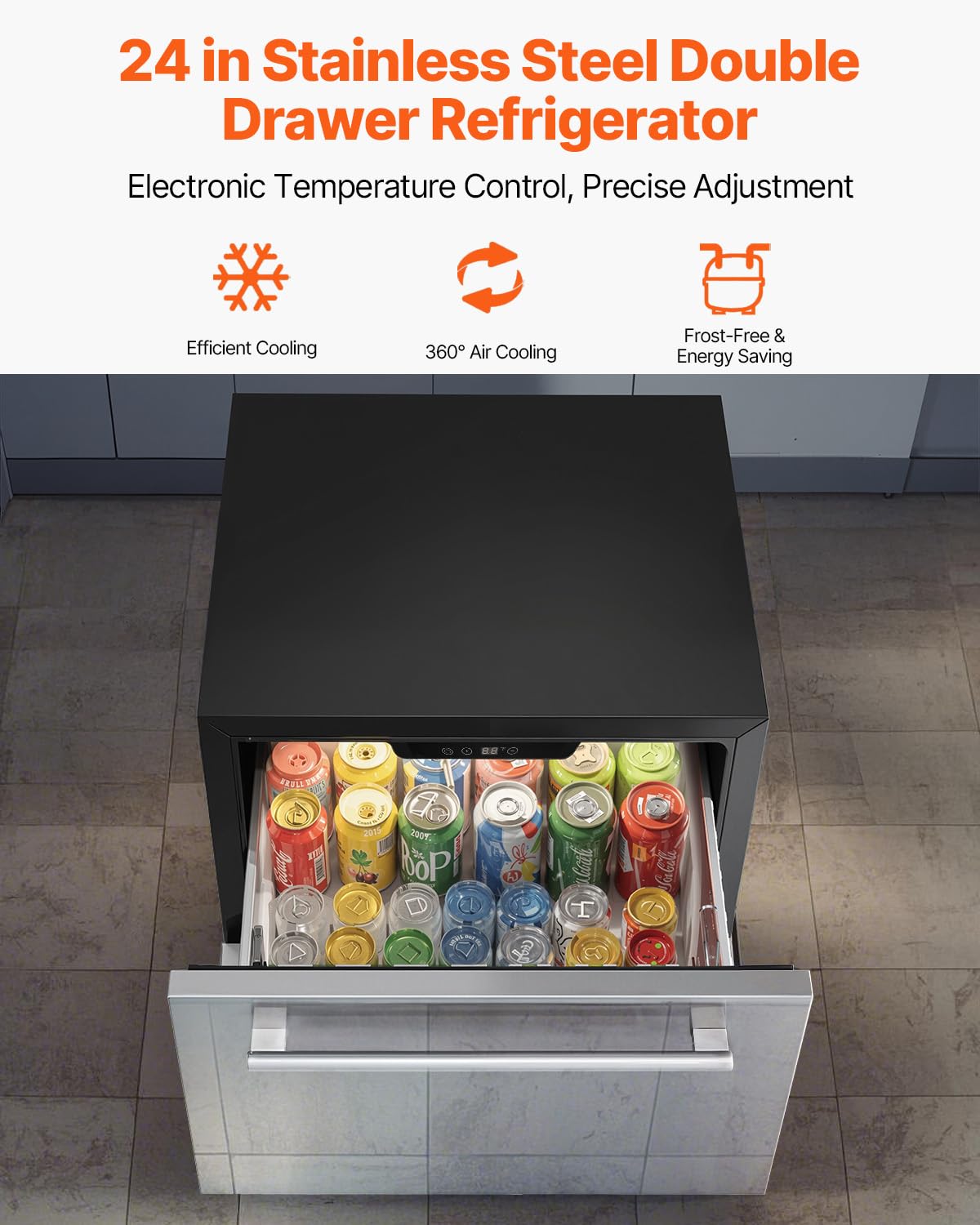 VEVOR 24 Inch Under Counter Drawer Refrigerator, Stainless Steel Dual Drawer Fridge with Temperature Control, Outdoor Refrigerator with Powerful Compressor & LED Display, Fit for Home, Office, etc.