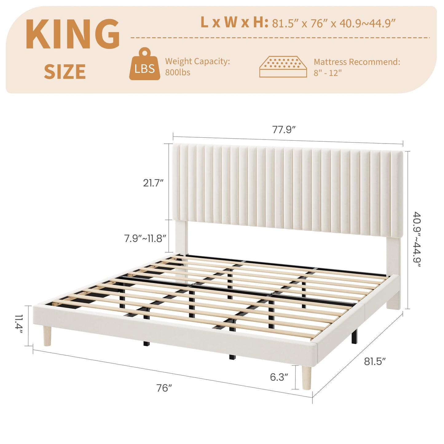 IDEALHOUSE King Bed Frame with Adjustable Headboard, Velvet Upholstered Platform King Size Bed Frame, Vertical Channel Tufted, Strong Wooden Slats, No Box Spring Needed, Easy Assembly, Beige