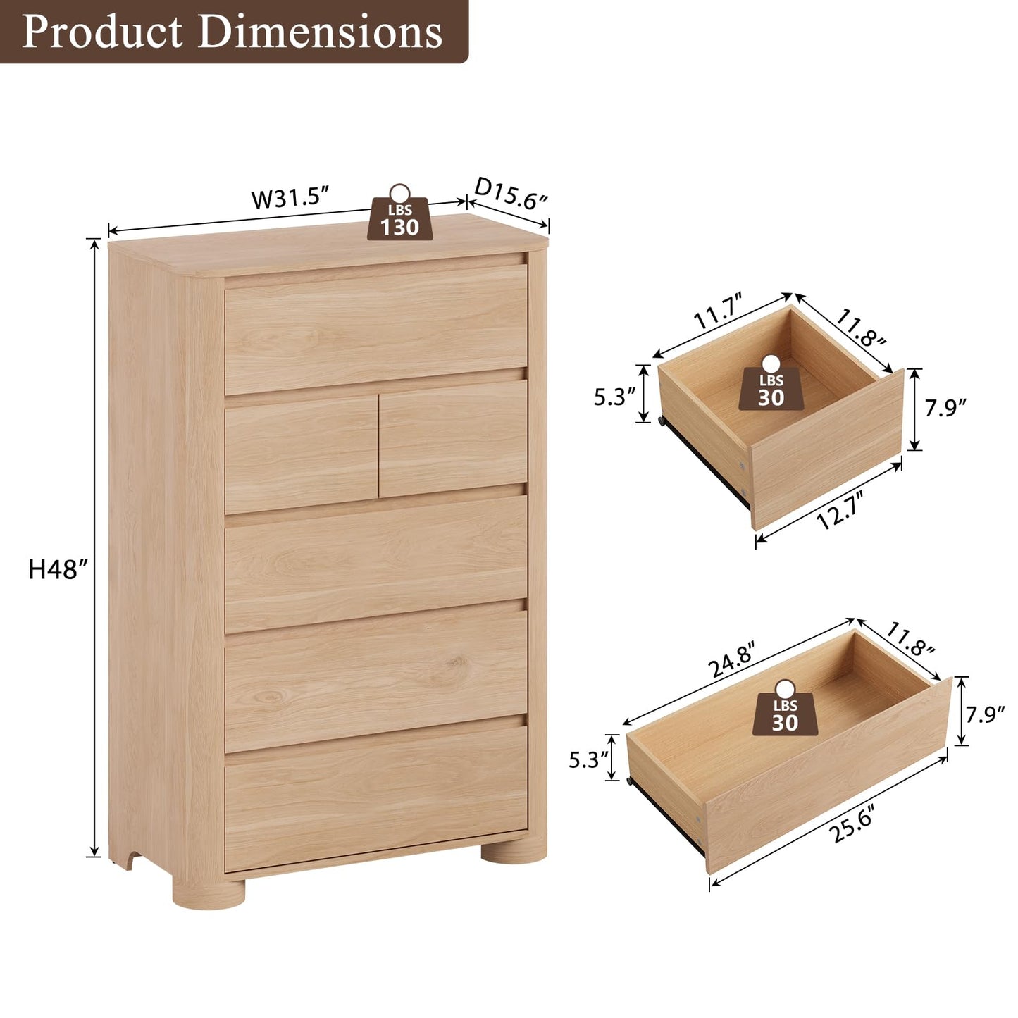 YANSNWO Dresser for Bedroom with 6 Drawers, 48" Tall Modern Chest of Drawers with Unique Thickened Foot, Rounded Corner Design, Wooden Dresser Organizer for Bedroom, Living Room, Hallway, Natural Oak