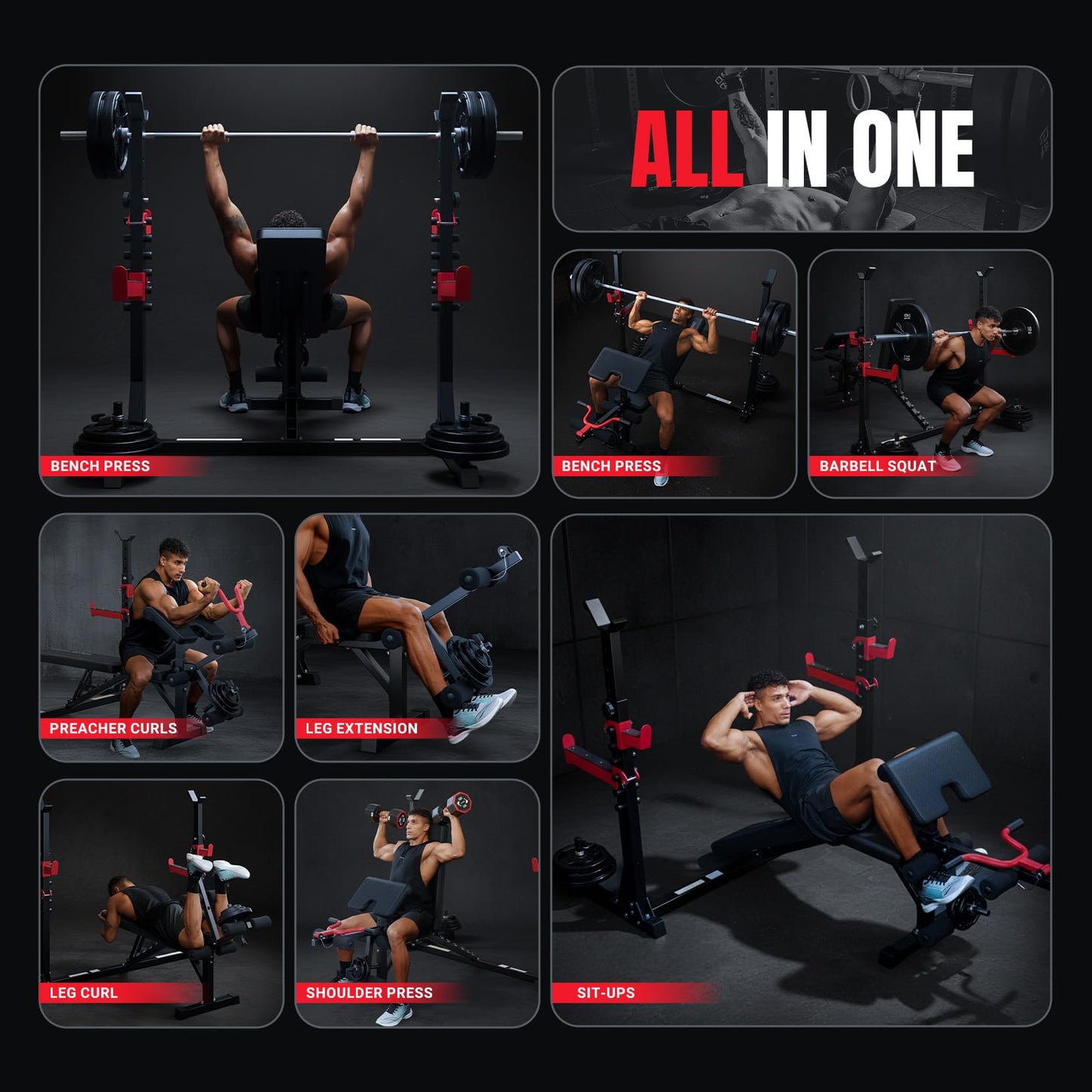 YOLEO Weight Bench with Rack -47.44”Wide Bench Press Set, Safety Catch for Squat, Leg Extension, Preacher Curl & Flat/Incline/Decline Full Body Workout Bench, Adjustable Olympic Weight Benches for Home Gym