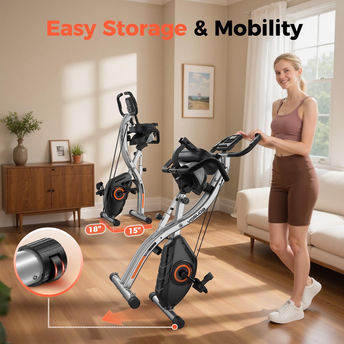 YOSUDA Folding Exercise Bike - 5 IN 1 Foldable Stationary Bike for Home Gym Workout, Upgraded Indoor Cycling Bikes with 6.6 LBS Flywheel, 380 LBS Capacity and 16-Level Magnetic Resistance, Back Support Cushion