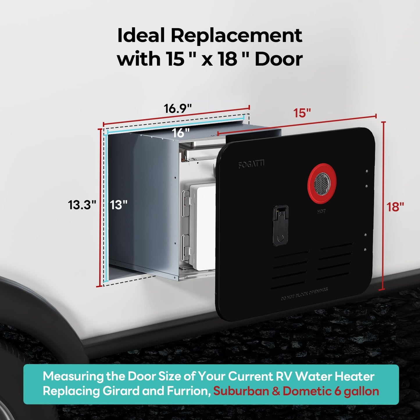 FOGATTI InstaShower 7 RV Tankless Water Heater, 3 Optional Door Sizes 15"x15", 15"x18" & 18"x18" for Refitment, 12V DC, Optimized Summer Comfort Performance, Ideal for RVers' Family Use, Gen 3