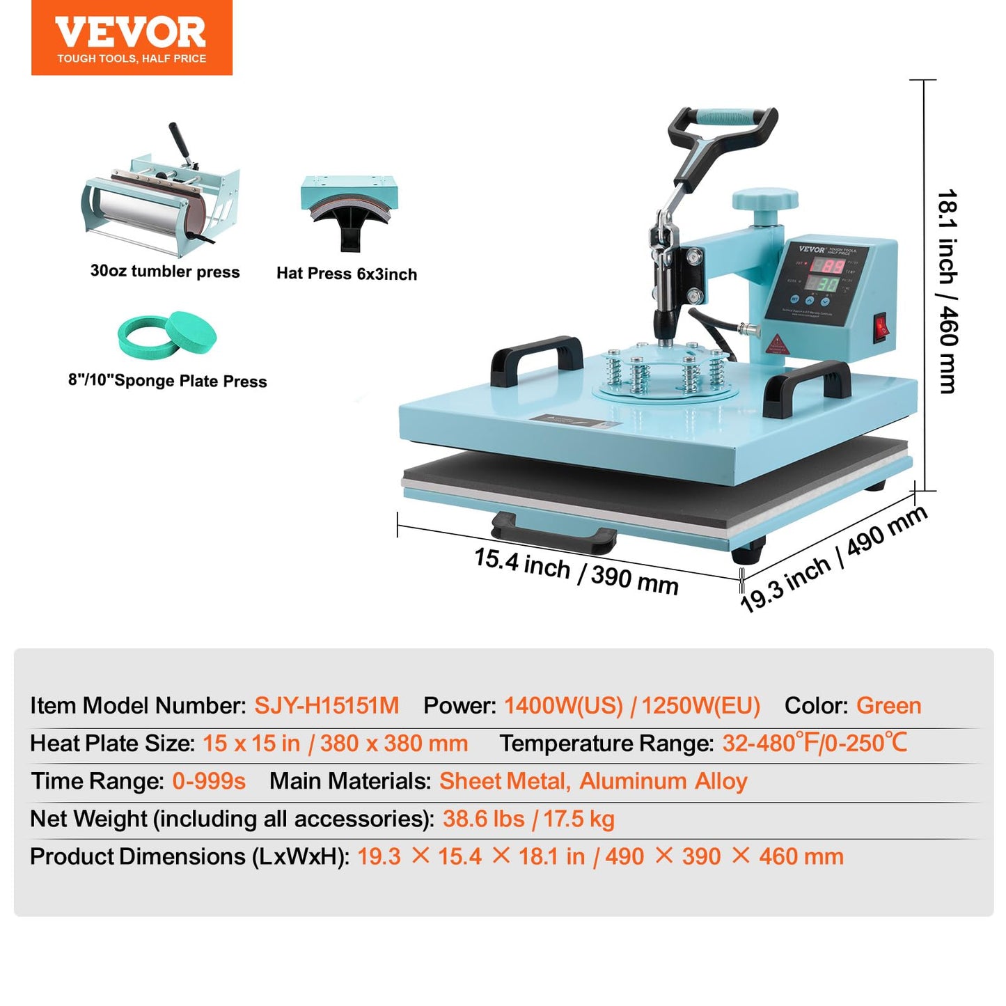 VEVOR Heat Press 15x15 inch, 5 in 1 T-Shirt Cap Hat Mug Press, Combo Tumbler Heat Press for plate Sublimation, Green