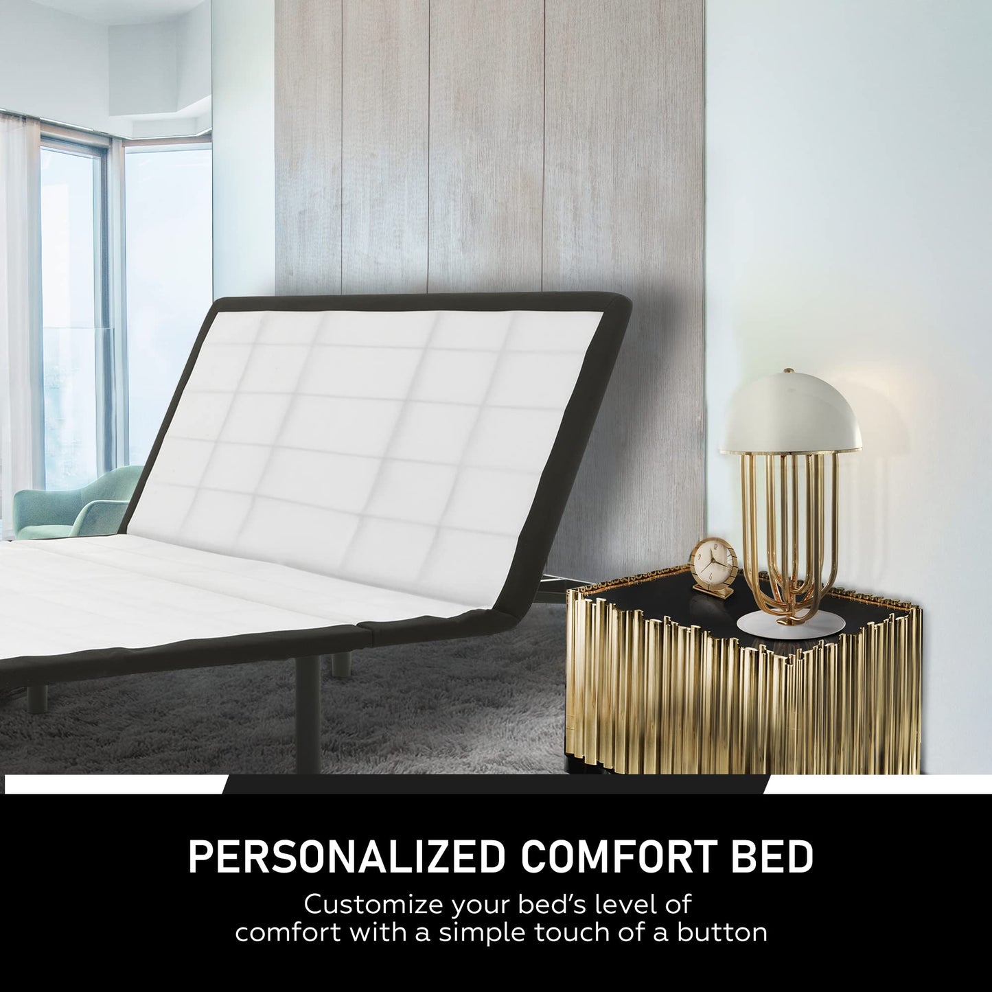 Greaton 15-inch Adjustable Bed Frame with Decorative Fabrics | Head Inclining with Wired Remote, Protective Foot Retainer Bar, 12-inch Patented Screw-in Durable Legs, Twin XL, White