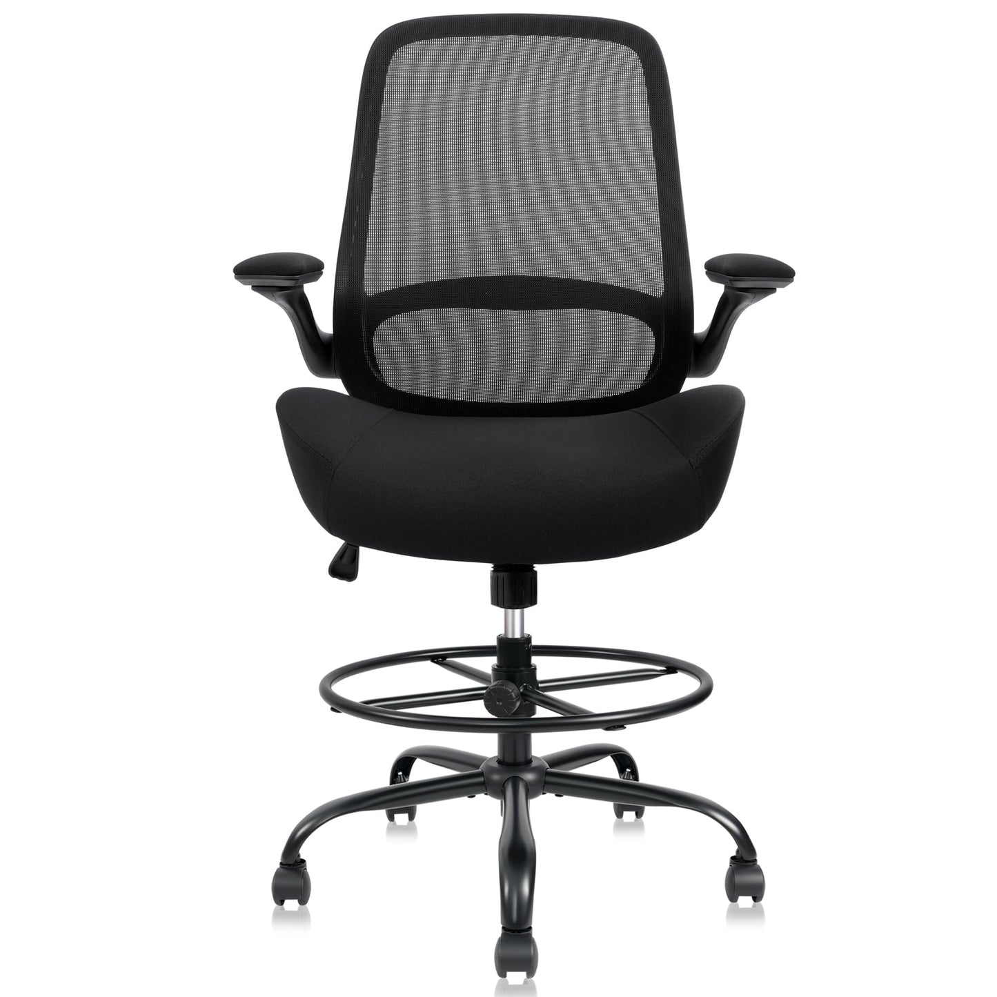 HYLONE 400lbs Big and Tall Heavy Duty Drafting Chair 5" Thickened Seat Tall Office Chair Flip-Up Armrests Ergonomic Chair with Lumbar Support and Adjustable Footrest Ring Standing Desk Chair (Black)