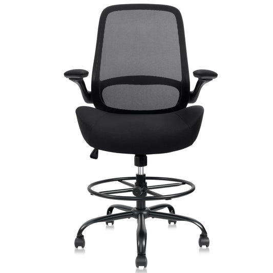 HYLONE 400lbs Big and Tall Heavy Duty Drafting Chair 5" Thickened Seat Tall Office Chair Flip-Up Armrests Ergonomic Chair with Lumbar Support and Adjustable Footrest Ring Standing Desk Chair (Black)
