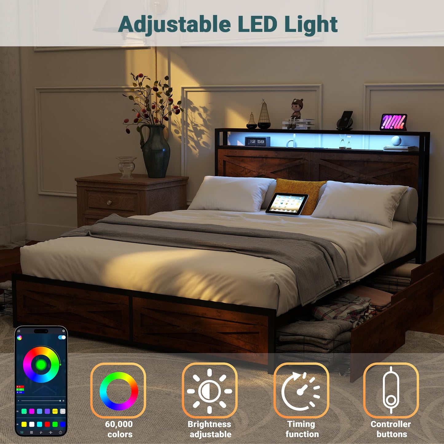 Zevemomo Full LED Bed Frame with 6 Storage Drawers, Farmhouse Headboard w/Charging Ports Station, Full-Size Platform Bed Frame No Box Spring Needed, Metal Structure & Wood Boards, Rustic Bed Frames