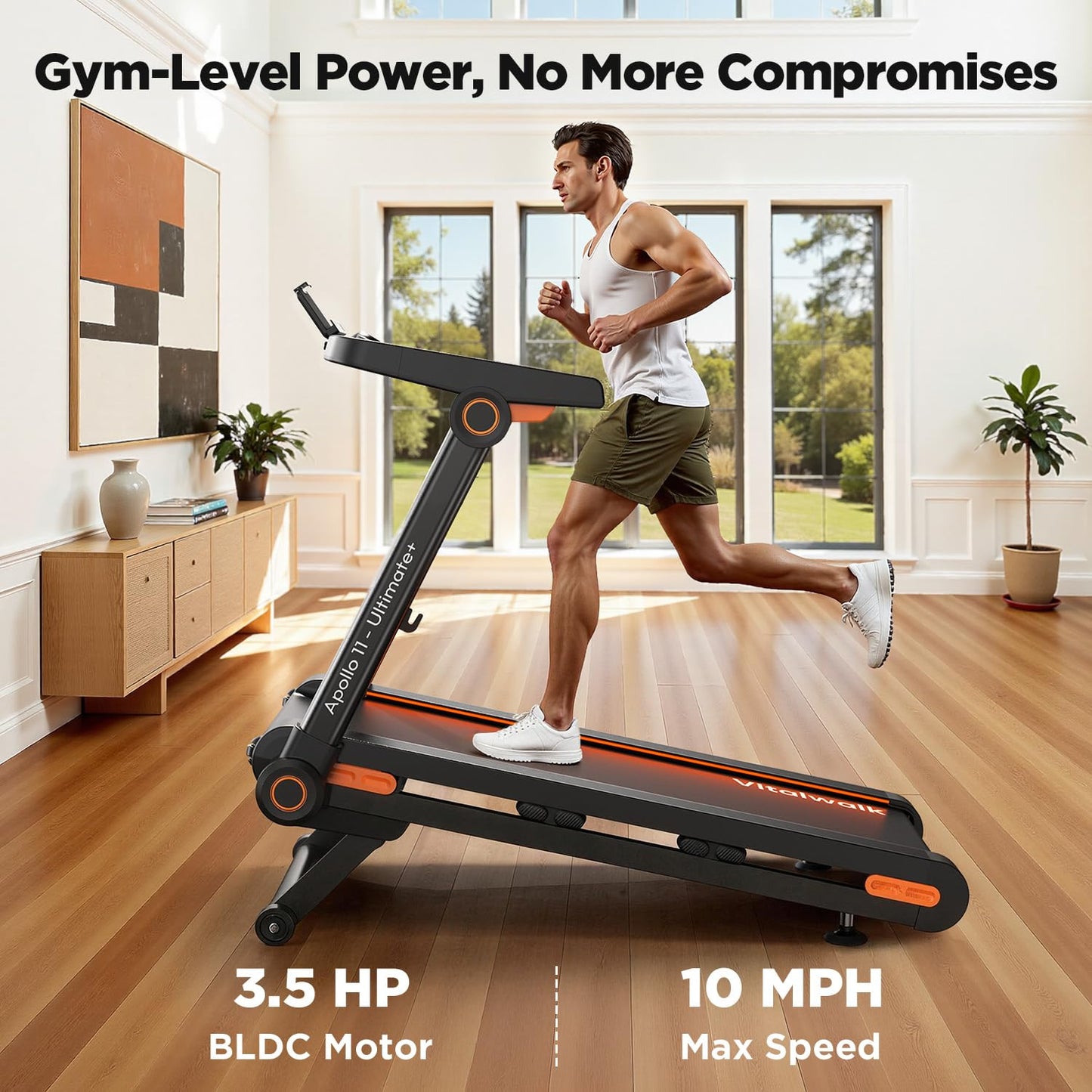 Vitalwalk Foldable Treadmill with Auto Incline, Commercial 49"x18" Wide Running Belt, 10MPH, 3.5HP Brushless, Walking Pad Treadmill for Home, Auto Folding, No Installation, 350LBS, APP, Large