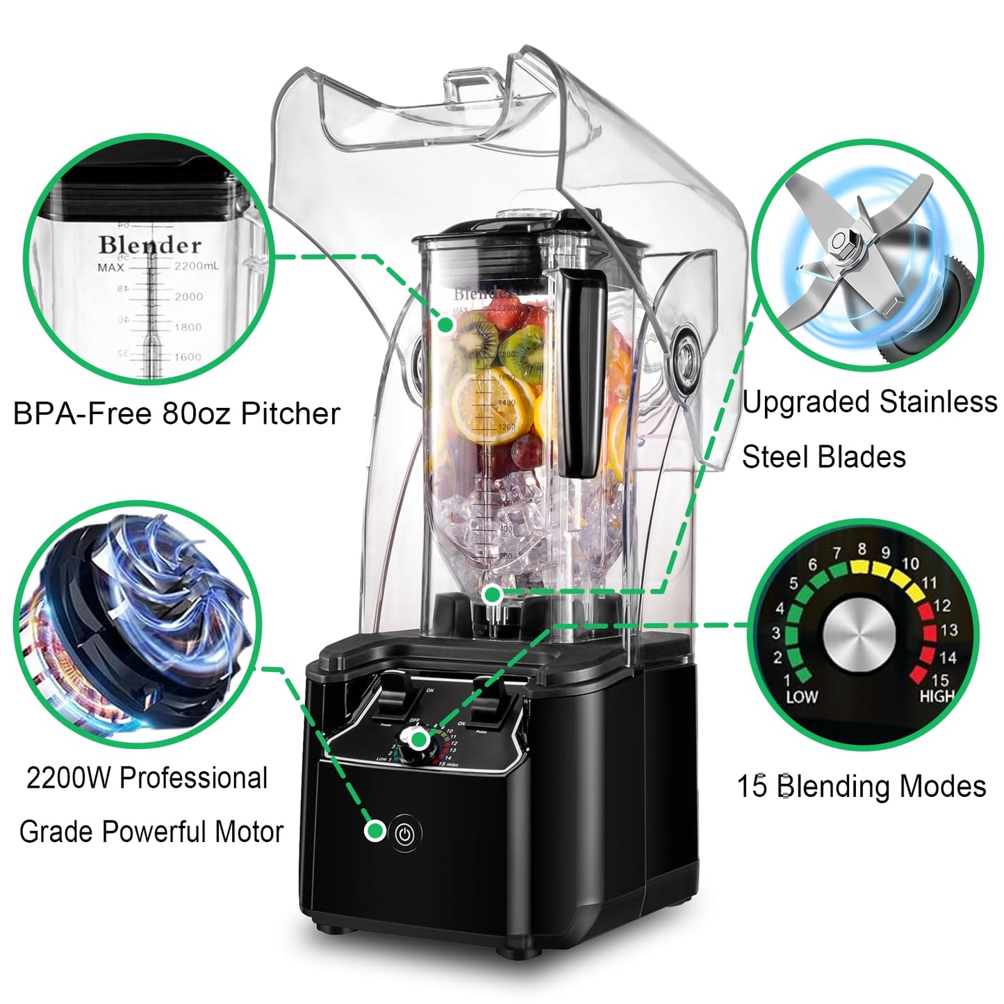 Commercial Blender for Smoothies 2200W, 80 Oz, 15 Speeds, 6-leaf Stainless Steel Blade, Heavy-Duty Commercial Blender for Smoothies, Ice Crush, Shakes, Self-Cleaning, Black