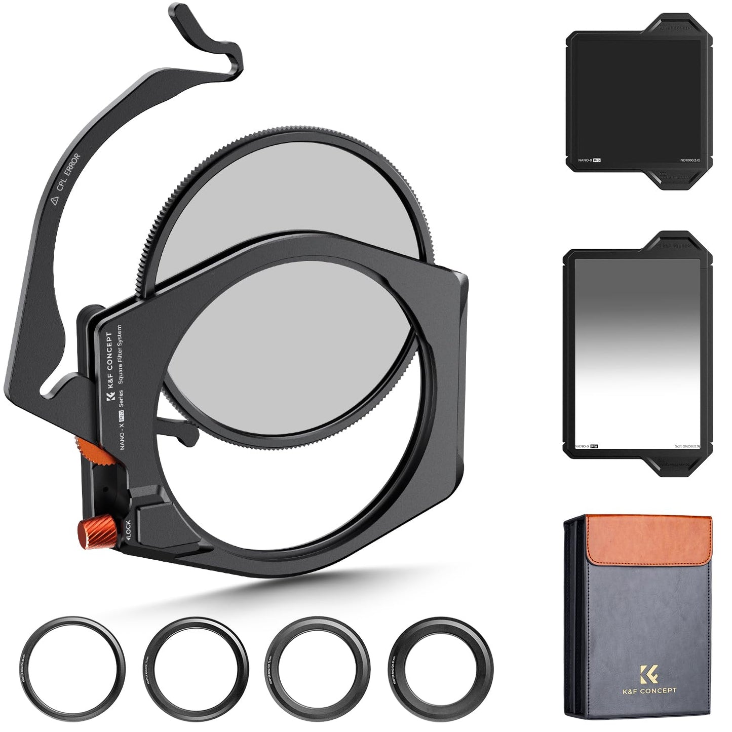 K&F CONCEPT X PRO Square Filters Holder System Kit (Filter Holder + 95mm Circular Polarizer + Square GND8 Filter + ND1000 + 4 Filter Adapter Rings) for Camera Lens