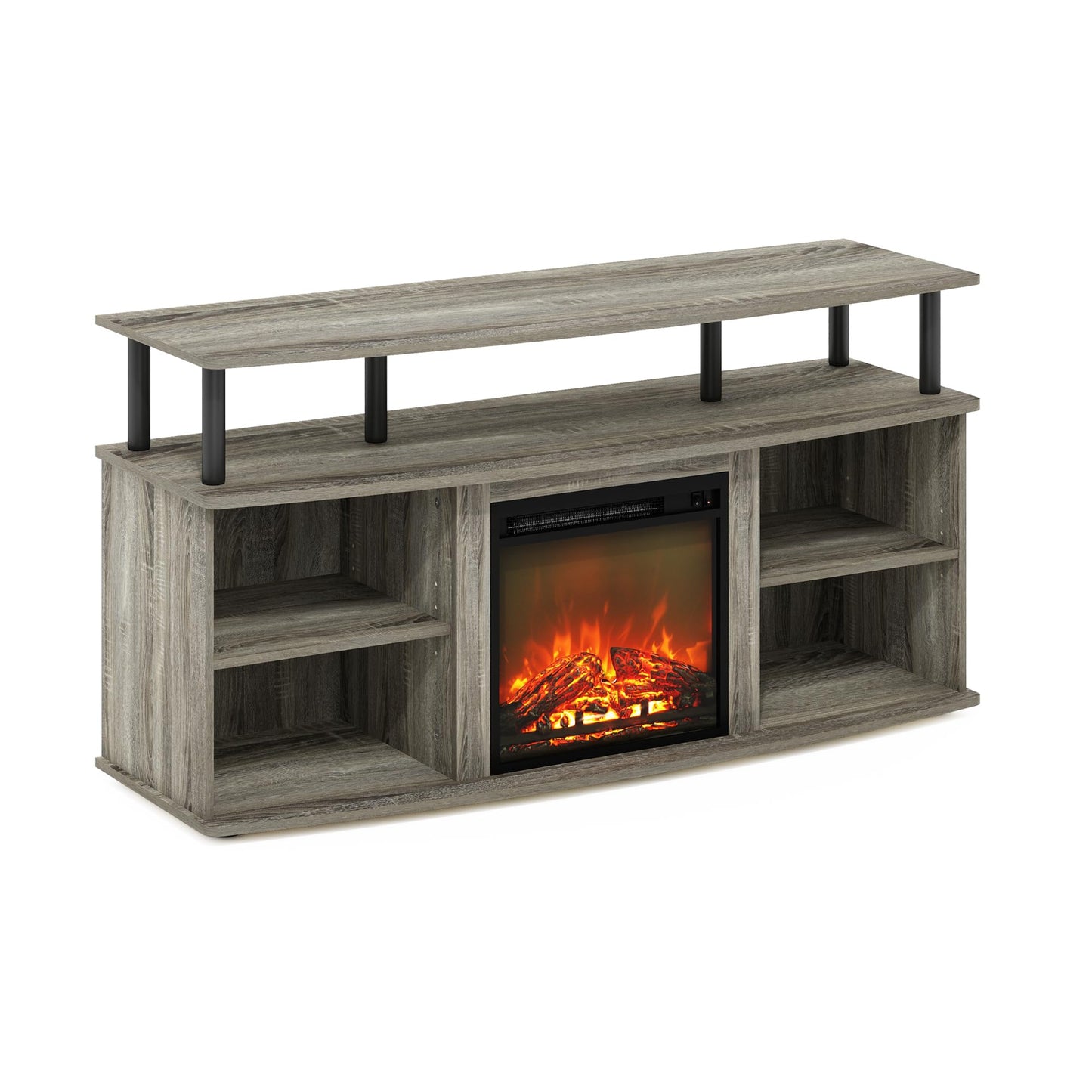 Furinno Jensen Fireplace TV Stand, Entertainment Center, TV Console for TV up to 55 Inch with Fireplace and Open Shelving Storage, for Living Room, Bedroom, French Oak Grey