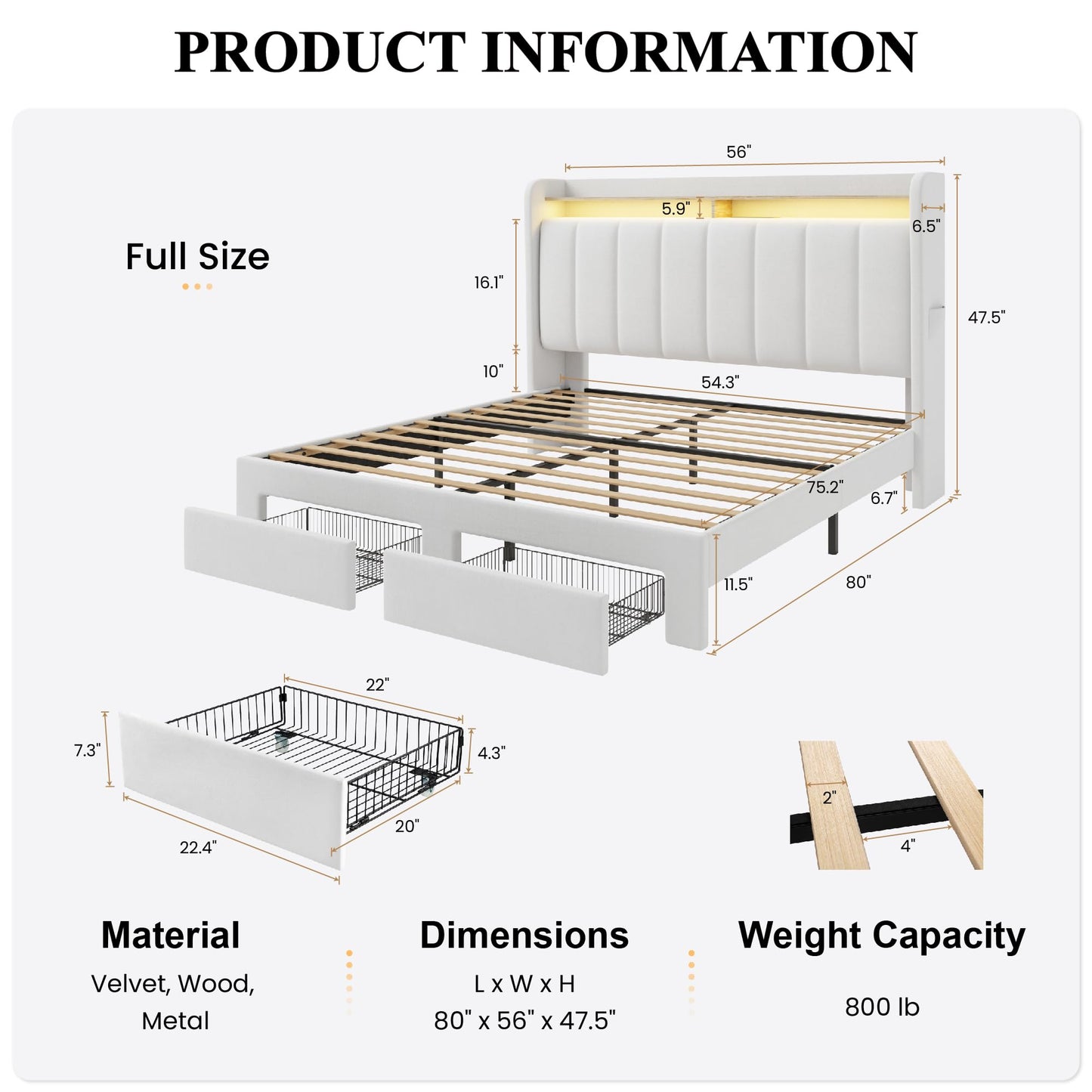 SHA CERLIN Velvet Full Size Bed Frame with Vertical Channel Tufted Wingback Headboard & 2 Storage Drawers/2-Tier Shelves with LED Lights & Charging Station/Noise-Free/No Box Spring Needed/White