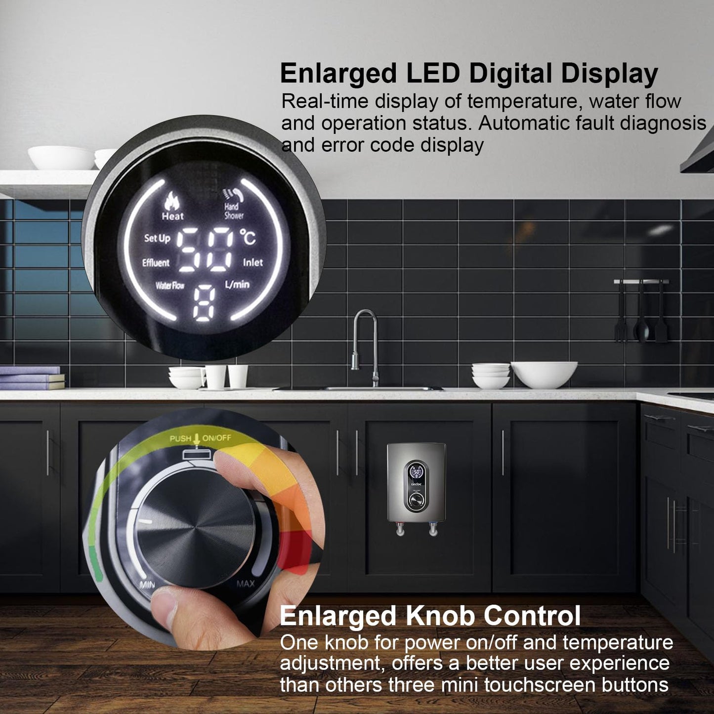 LECLOC Mini Instant Under Sink Tankless Water Heater 120V 3500W (Hard-wired), LED Digital Display with Big Knob, IPX4, Multiple Safety Features, 30-55℃ Thermostatic Point of Use Electric Water Heater