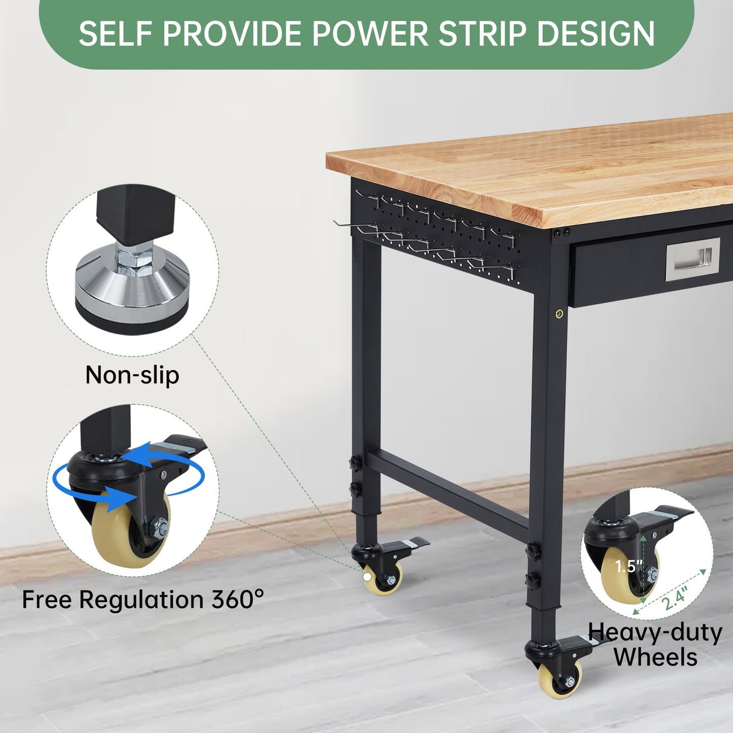 48" Adjustable Work Benches with Drawer, Heavy Duty Garage Workbench with Wheels, Max Load 2000 LBS Tool Bench Shop Table with Power Outlet & Rubber Wood Top for Woodworking, Office, Home