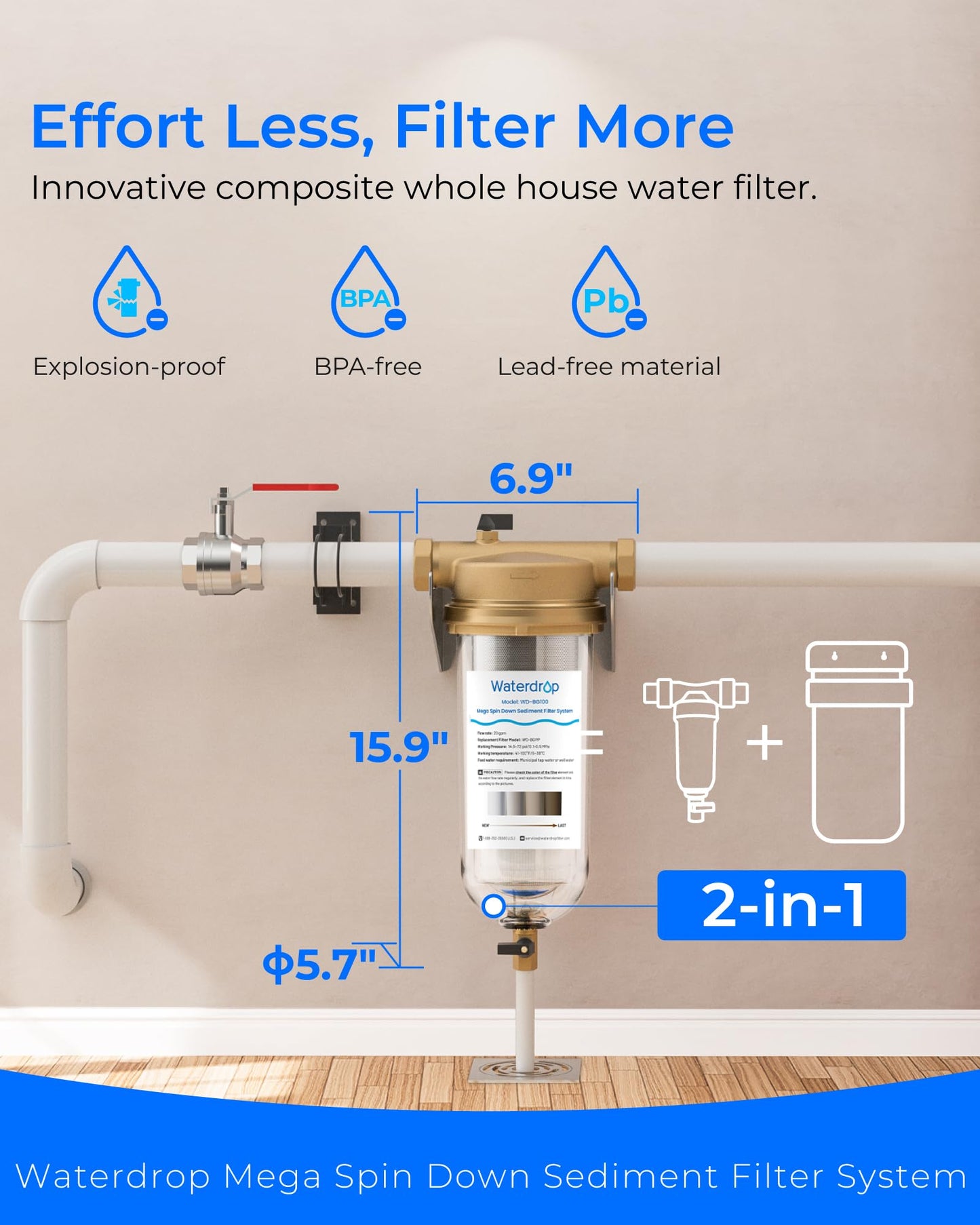 Waterdrop Mega Spin Down Sediment Filter, Reusable Whole House Water Filter System for City Water, Backwash Sediment Water Filter System, 100 Micron+5 Micron PP Filter, 1" MNPT + 3/4" FNPT, BPA Free