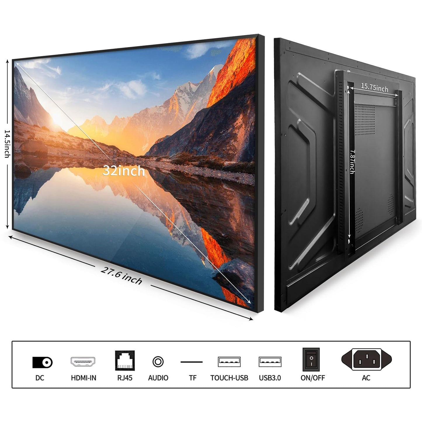 32" Capacitive Touchscreen Industrial Monitor, 500Nits High Brightness Digital Signage Display for Advertising, Reverse Control Laptop, Wireless Screen Mirroring, Built-in Speakers, USB, HDMI Ports