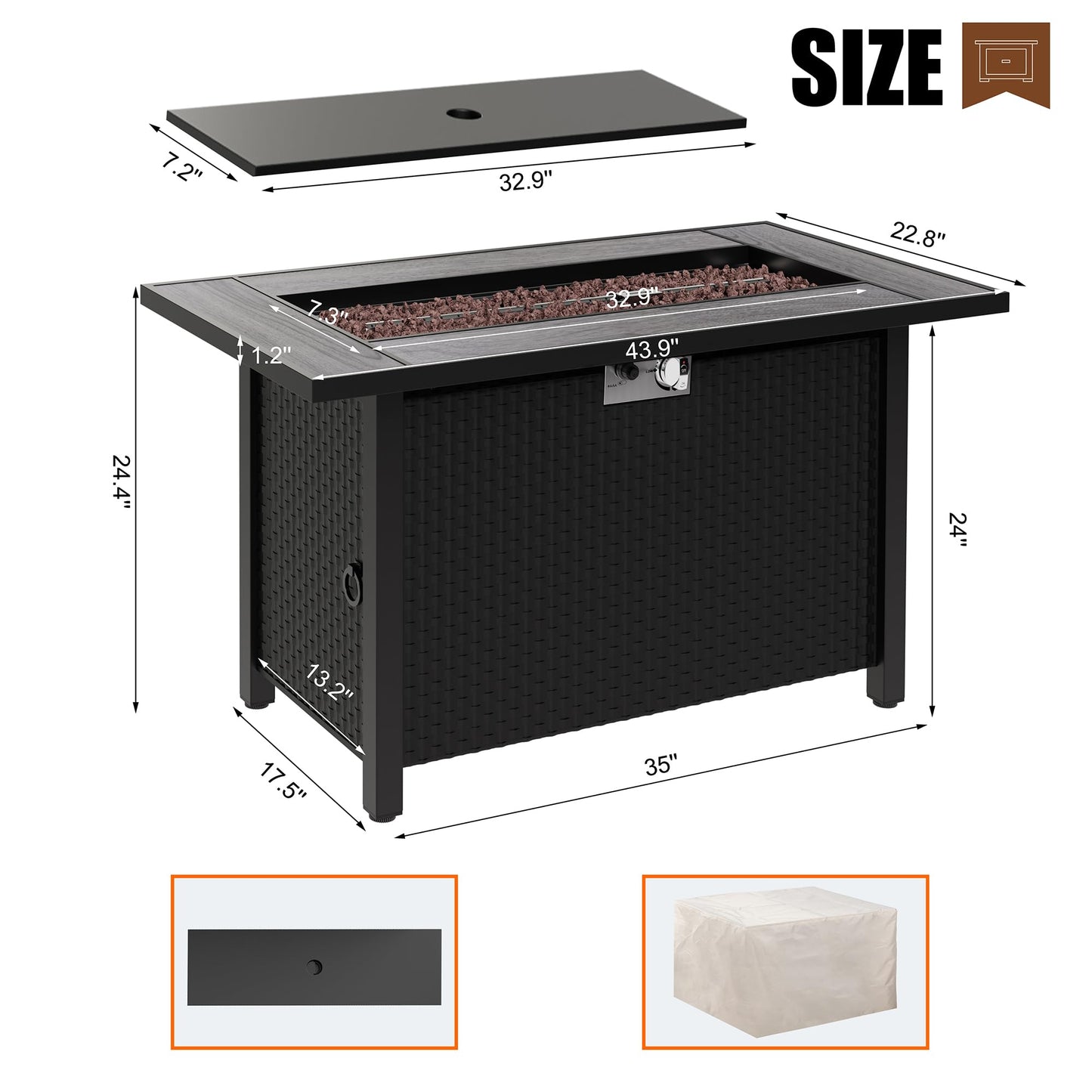 44 inch Propane Fire Pit Table, 50,000 BTU Outdoor Gas Fire Pit Table with Lid, Waterproof Cover, Rectangle Gas Firepit Table for Garden/Patio