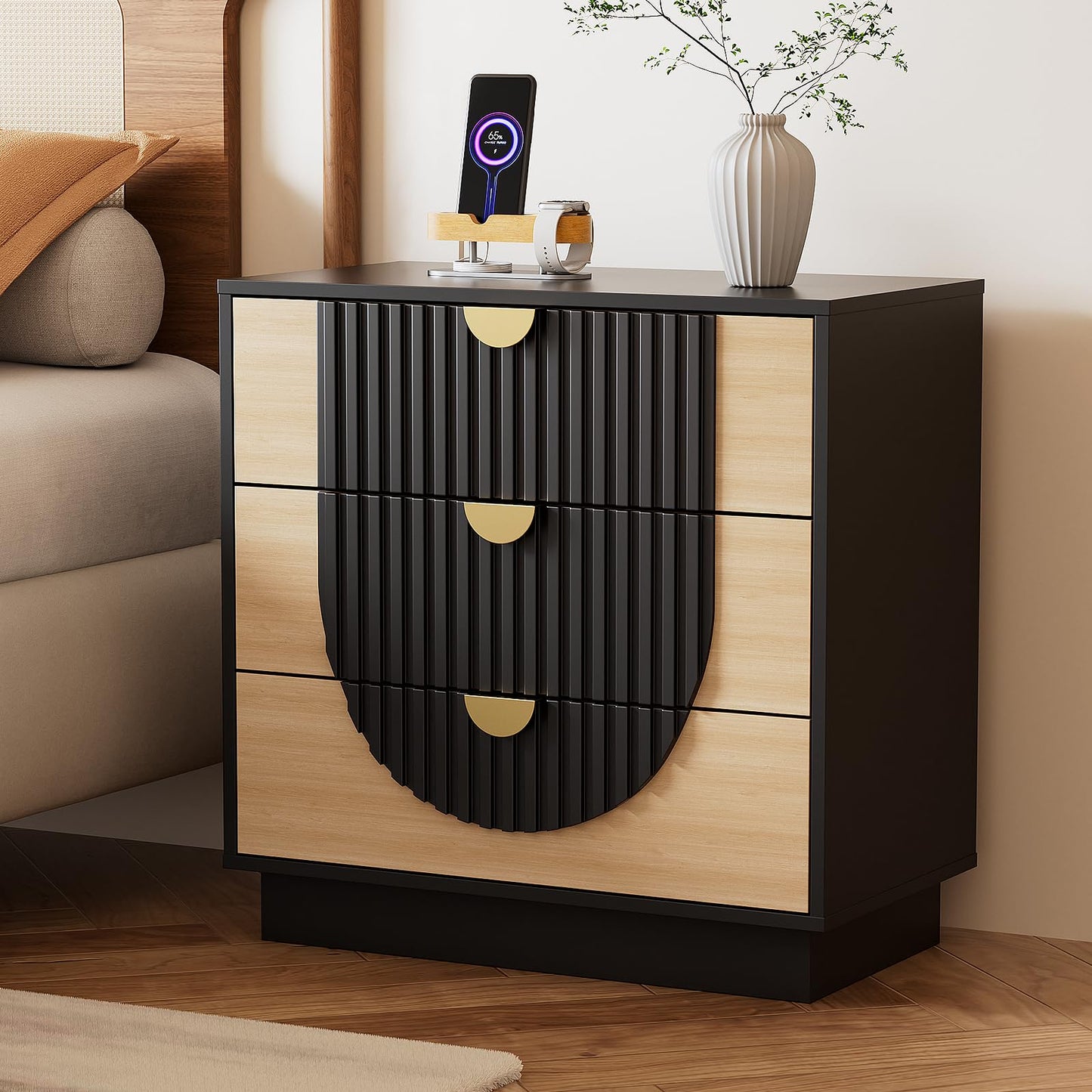 LegacyAmerhome 3 Drawer Nightstand with Charging Station,28" Fluted Night Stand & Modern Bedside Table, Wood End Table Storage Cabinet for Bedroom Hallway, Entryway,Black