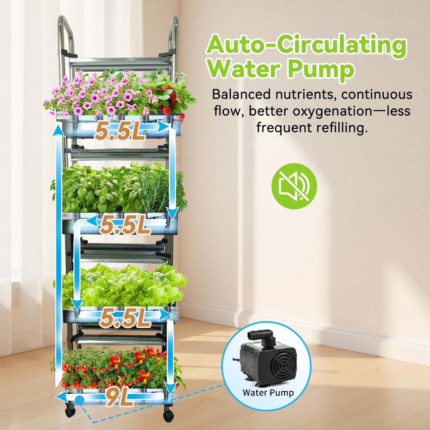 Indoor hydroponics Growing System, Large Vertical Hydroponic Garden with Smart Full-Spectrum Grow Lights, Auto Circulating Water, Mobile Indoor Gardening System for Herbs, Vegetables & Fruits
