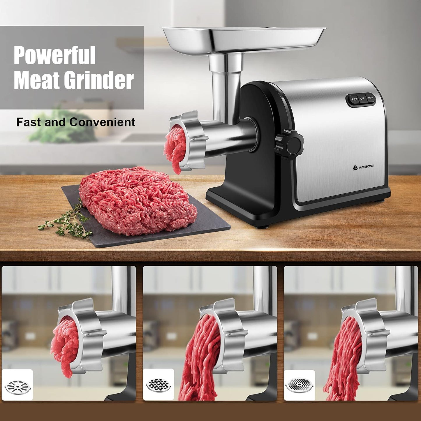 AAOBOSI Heavy Duty Stainless Steel Meat Grinder | 3000W Max | 3 Plates | 3 Sausage Stuffers | Stainless Steel Blade | Kubbe Maker | One-Button Control
