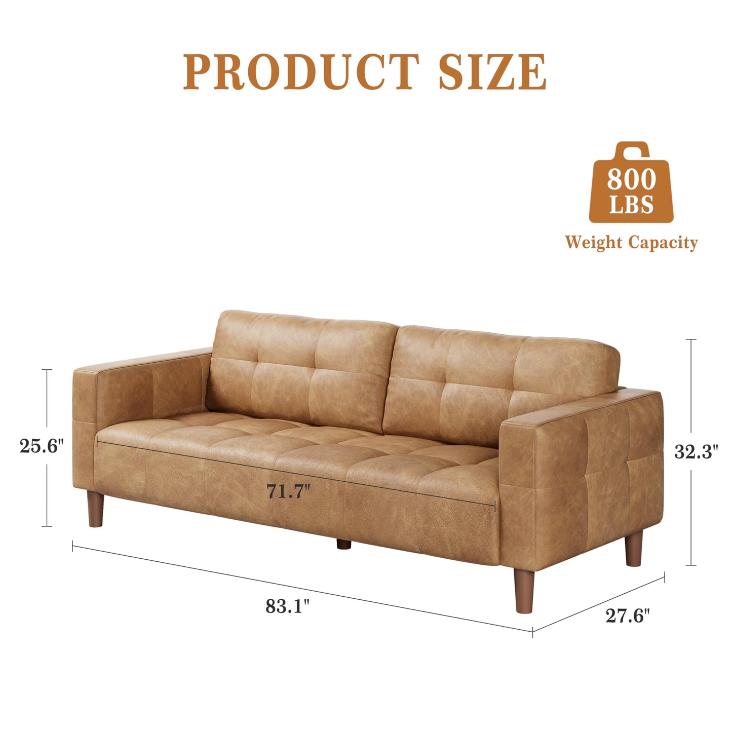 GarveeHome 3-Seater Sofa Couch, 83 in Wide Faux Leather Sofa Couch with Spring Cushion, Modern Sofa with Deep Seats and 2 Removable Back Cushions, for Living Room, Bedroom, Apartment, Office, Brown
