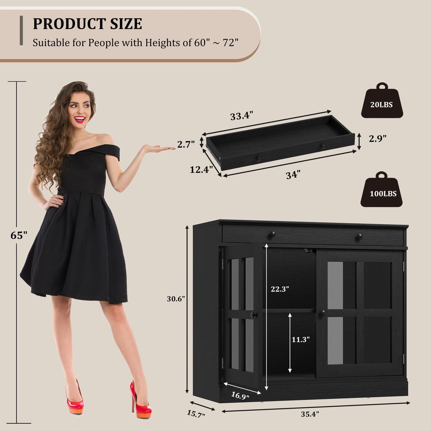 GAOMON 35.4" Modern Black Sideboard Buffet Cabinet with Glass Door, 3 Drawers & 3 Adjustable Shelves, Kitchen Coffee Bar Cabinet, 35.4" W x 30.6" H x 15.7" D