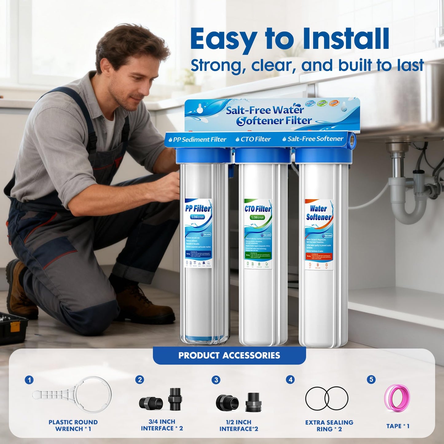 Salt Free Water Softener Systems Whole House, 0.5Micron PP+CTP+Softener Filtration, 3/4" Whole Home Water Softener, Reduces Chlorine, Chemicals, Odors, Prevents Water Scale Buildup,Protects Appliances
