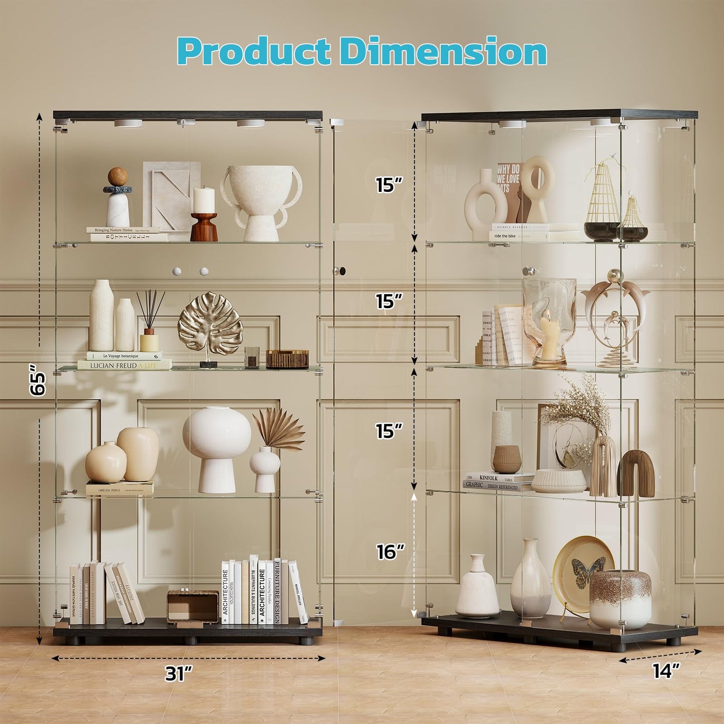 Kiivakii 4 Tier Tempered Glass Display Cabinet with Lights, Curio Cabinet with Lockable Glass Doors, Display Case for Collectibles, Living Room, Bedroom, Office, Black Double Door