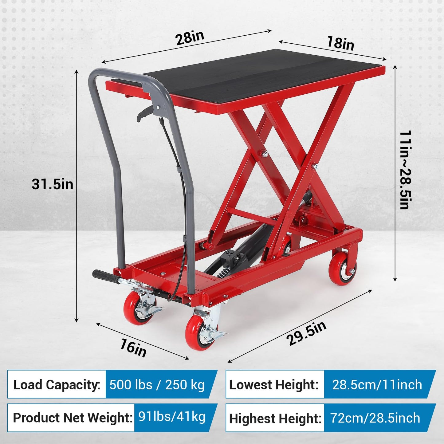 500 Lbs Hydraulic Lift Table Cart, 28.5" Lifting Height Single Scissor Lift Table with Anti-Slip Pad & 4 Wheels for Material Handling & Transportation in Warehouse, Workshop, Red