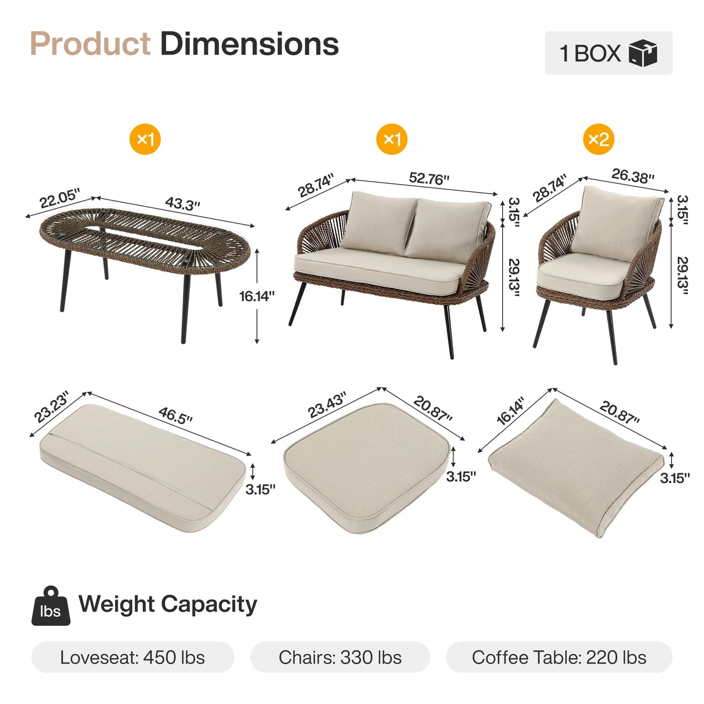 Tribesigns 4-Piece Outdoor Patio Furniture Set with Removable Waterproof Cushions, All-Weather Rattan Wicker Conversation Furniture Set with Glass Coffee Table for Garden, Pool, Porch, Balcony (Brown)