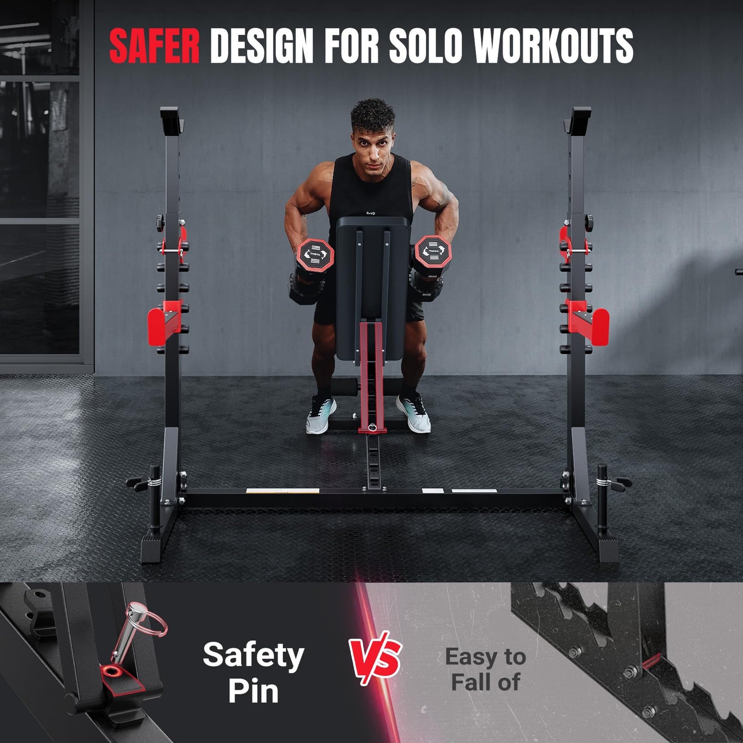 YOLEO Weight Bench with Rack -47.44”Wide Bench Press Set, Safety Catch for Squat, Leg Extension, Preacher Curl & Flat/Incline/Decline Full Body Workout Bench, Adjustable Olympic Weight Benches for Home Gym
