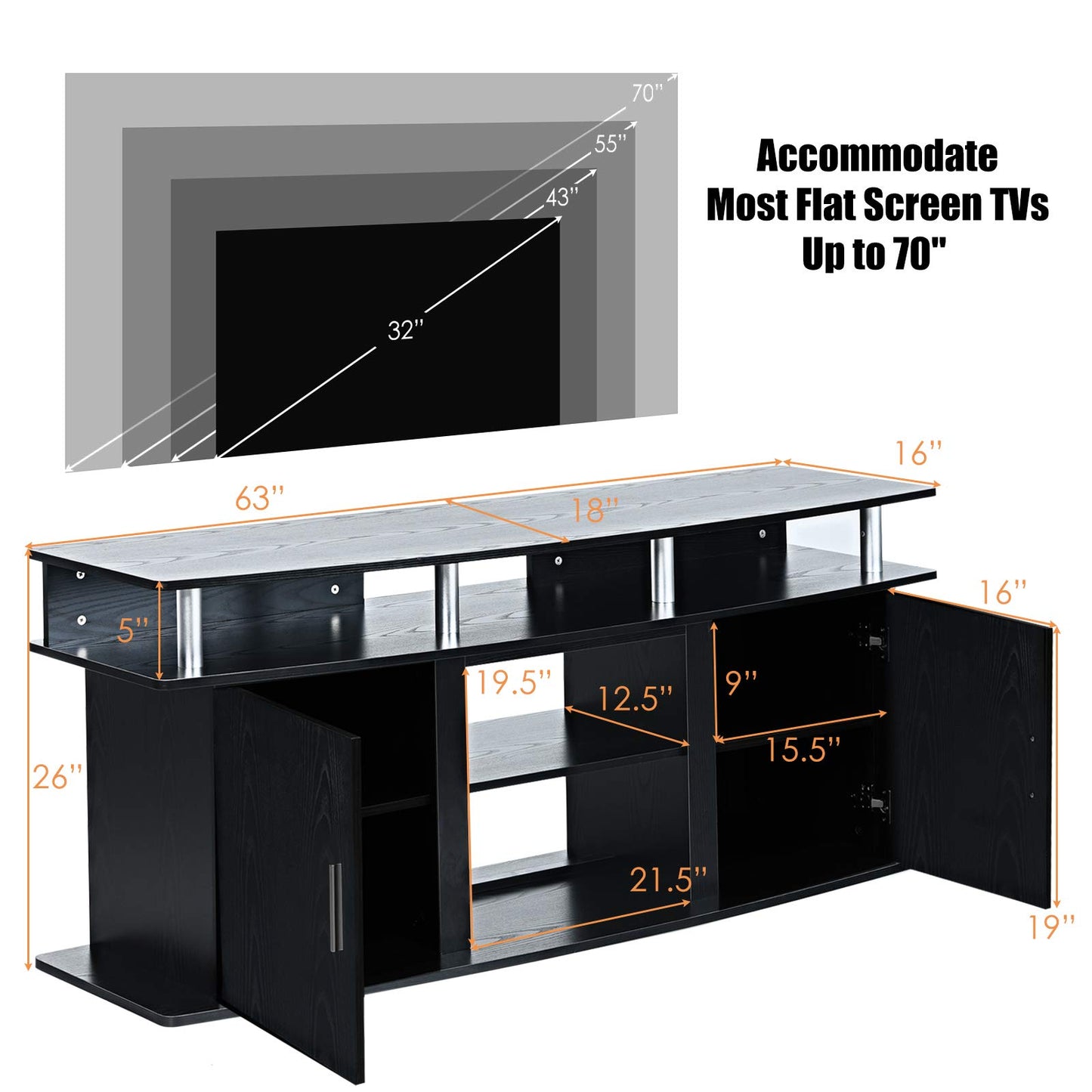 Tangkula Modern TV Stand for TVs up to 70 Inches, Living Room Console Table w/2 Cabinets & Open Shelves, Media Entertainment Center for 18 Inches Electric Fireplace (Not Included) (Black)