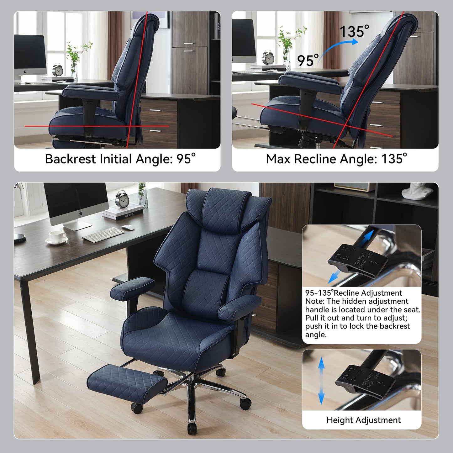 EXCEBET Big and Tall Office Chair with Footrest, PU Leather High Back Executive Office Chair 400lbs, Ergonomic Computer Chairs Lumbar Support for Heavy People (Blue)