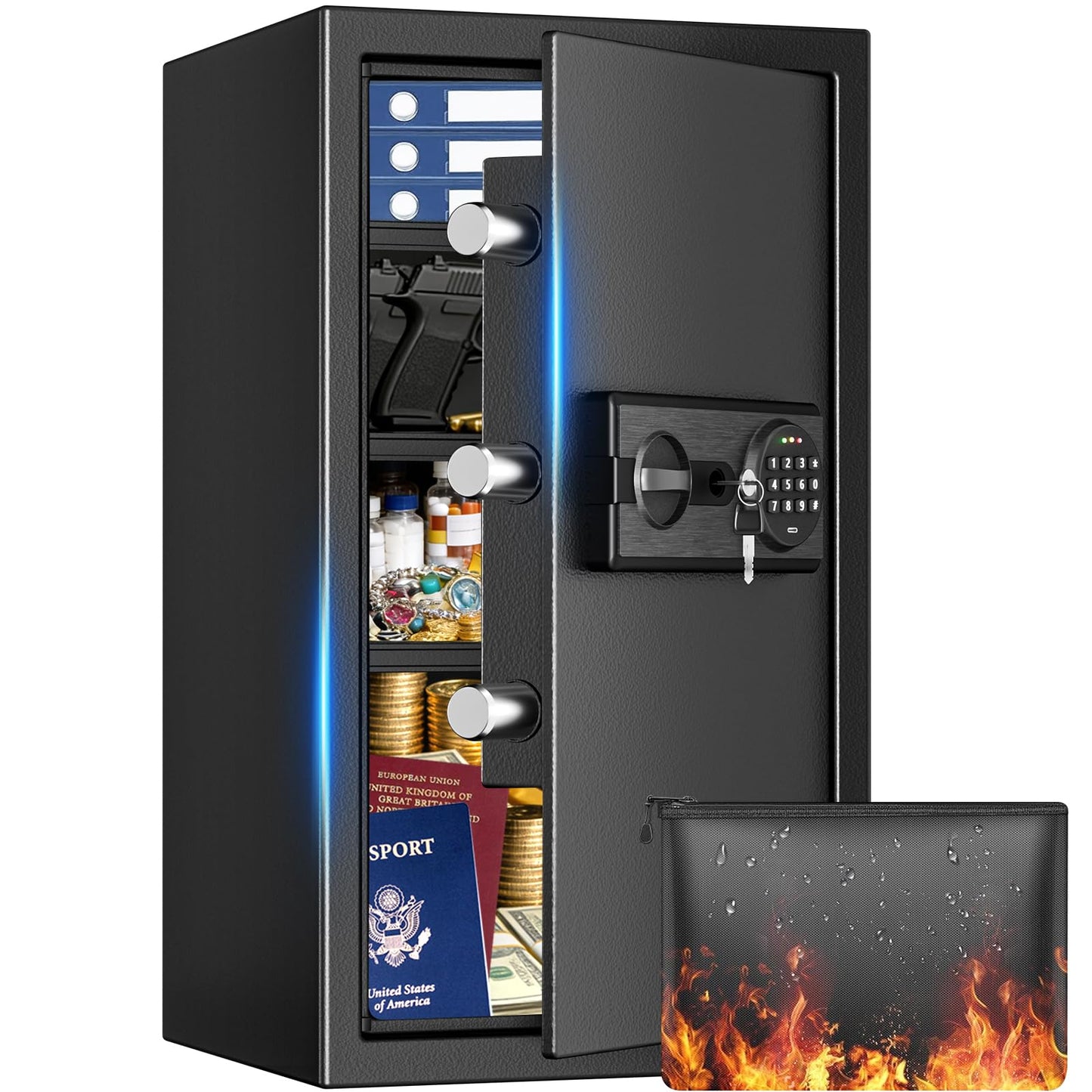 6.2 Cuft Large Home Safes Water and Fireproof with Digital Keypad & Key Lock, Fire Security Safe Box with 3 Removable Shelves, Fireproof Safes for Money Documents Jewelry, 27.56"H x13.78"W x 11.81"D