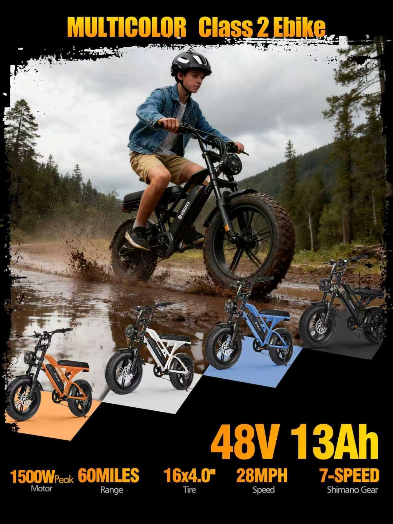 ESKUTE V100 Electric Bike for Adults, Electric Dirt Bike 1500W Peak Motor, All Terrain Dual Suspension E Bike 20+MPH Speed, Ebike Up to 60 Miles Range, 16" Fat Tire, 48V13Ah Battery, 7-Speed,Black